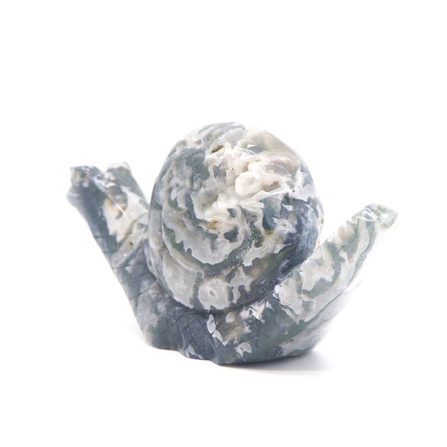 6.5" Hand Carved Moss Agate Snail Crystal Animal Statues Quartz Healing Decor Reiki