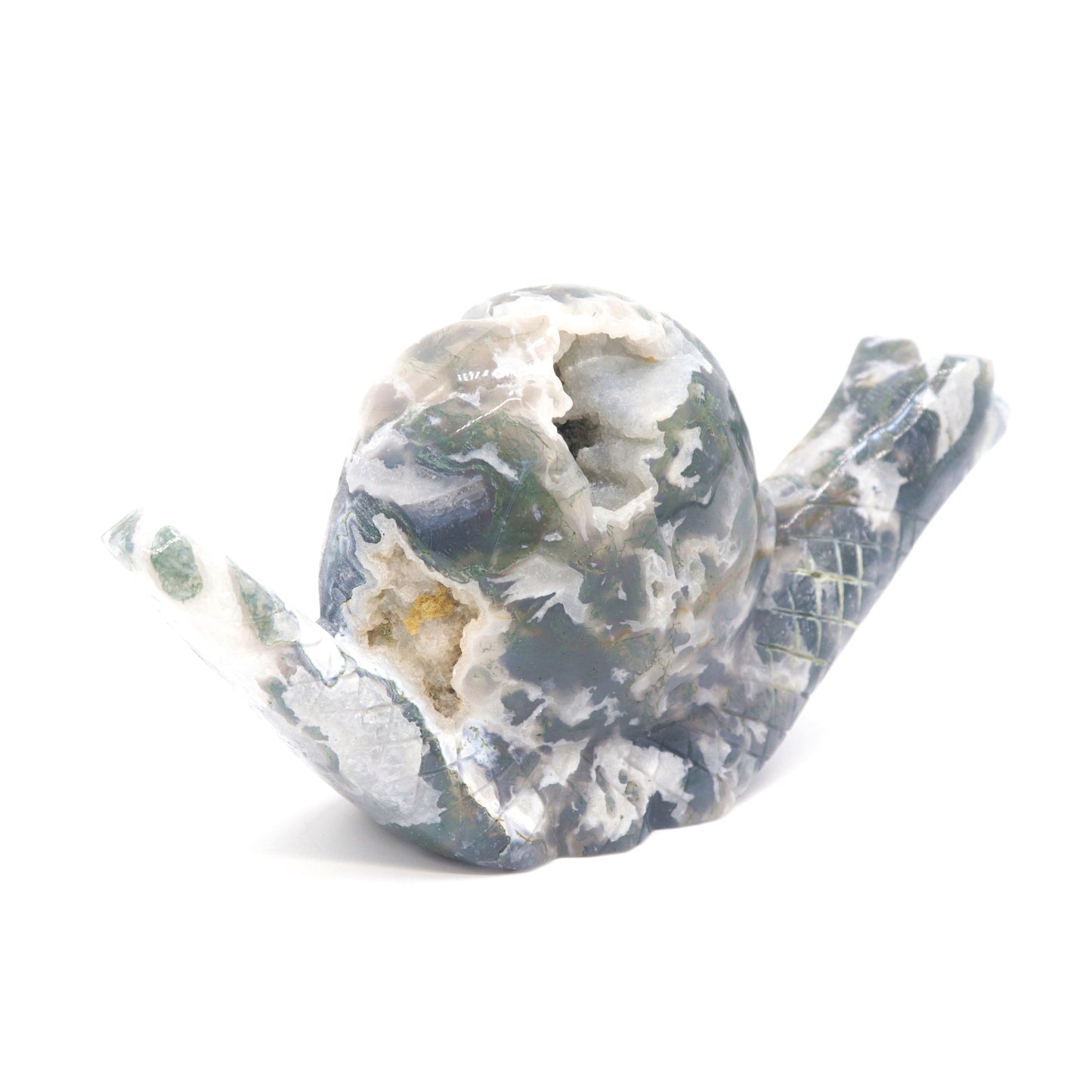 6.5" Hand Carved Moss Agate Snail Crystal Animal Statues Quartz Healing Decor Reiki