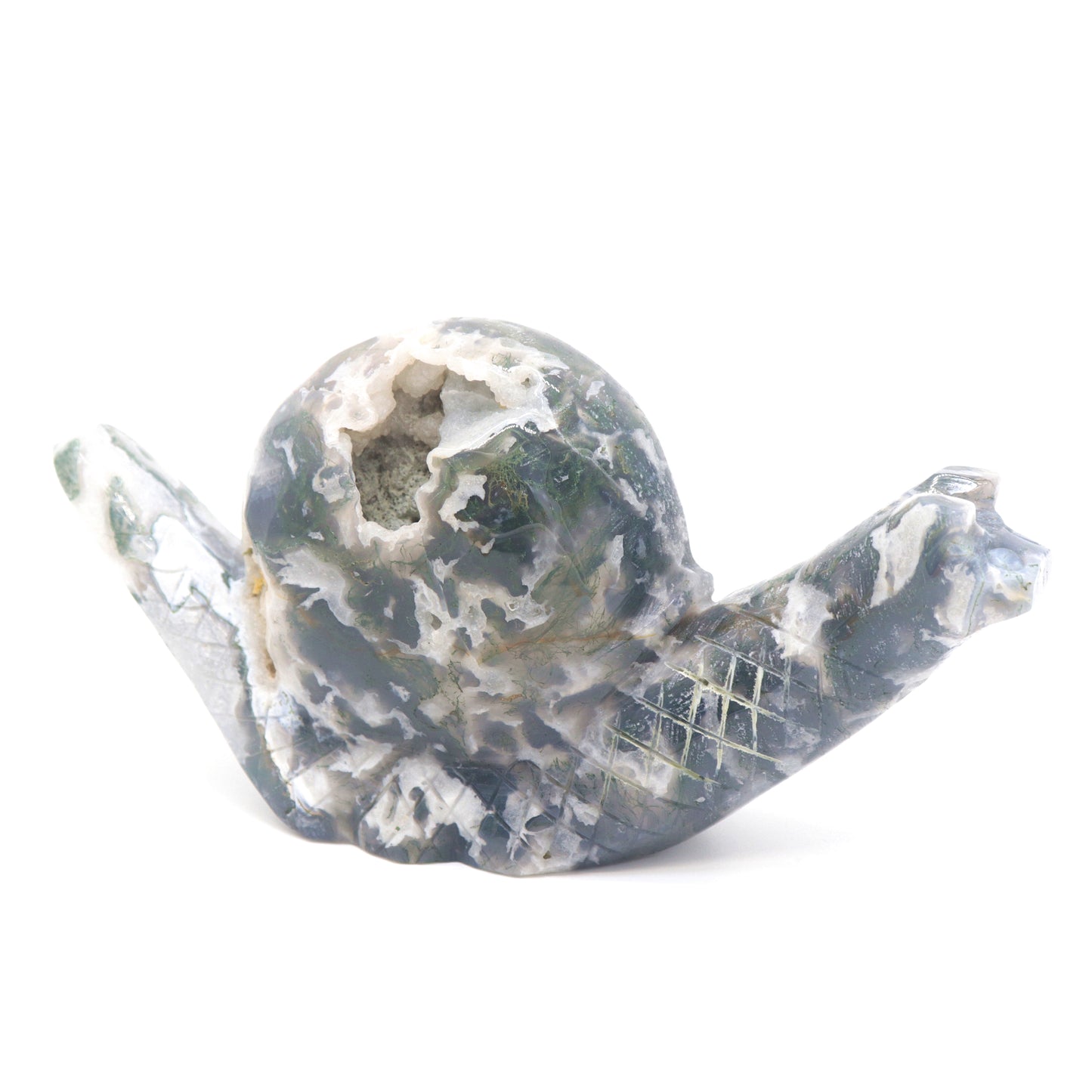 6.5" Hand Carved Moss Agate Snail Crystal Animal Statues Quartz Healing Decor Reiki