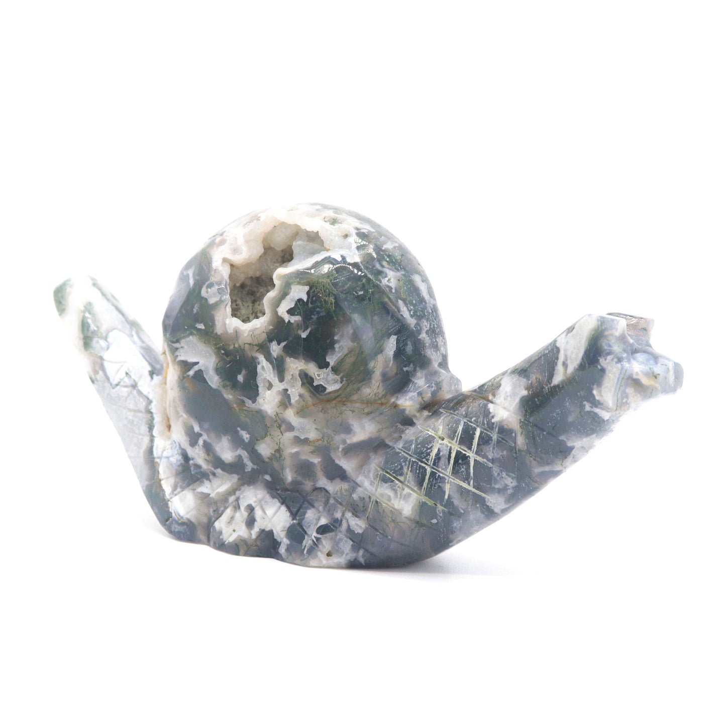 6.5" Hand Carved Moss Agate Snail Crystal Animal Statues Quartz Healing Decor Reiki