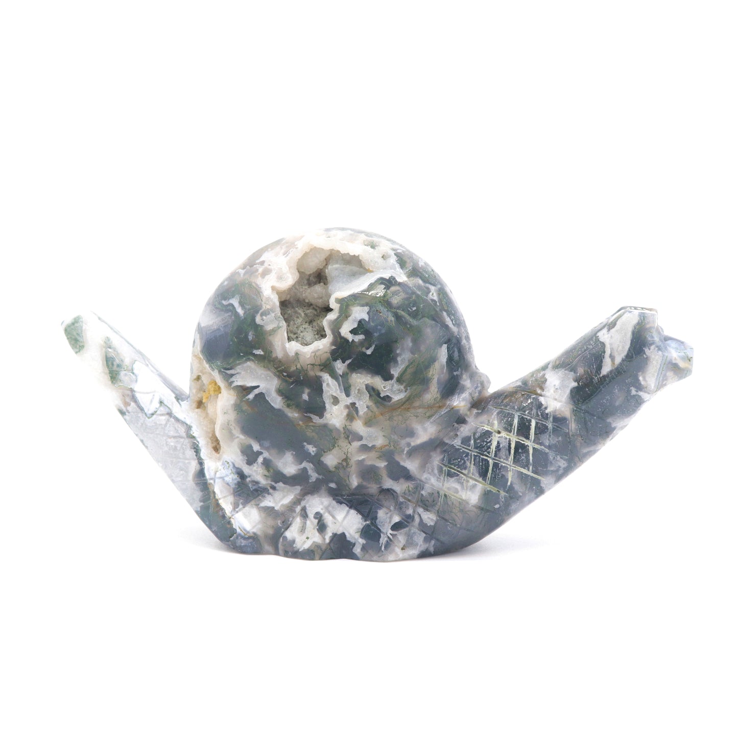 6.5" Hand Carved Moss Agate Snail Crystal Animal Statues Quartz Healing Decor Reiki