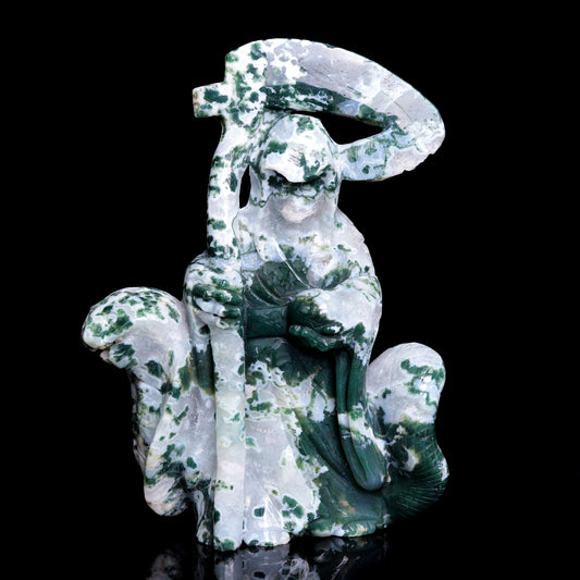 8.5" Moss Agate Crystal Death carvings Wizard Figurine Decor Gift