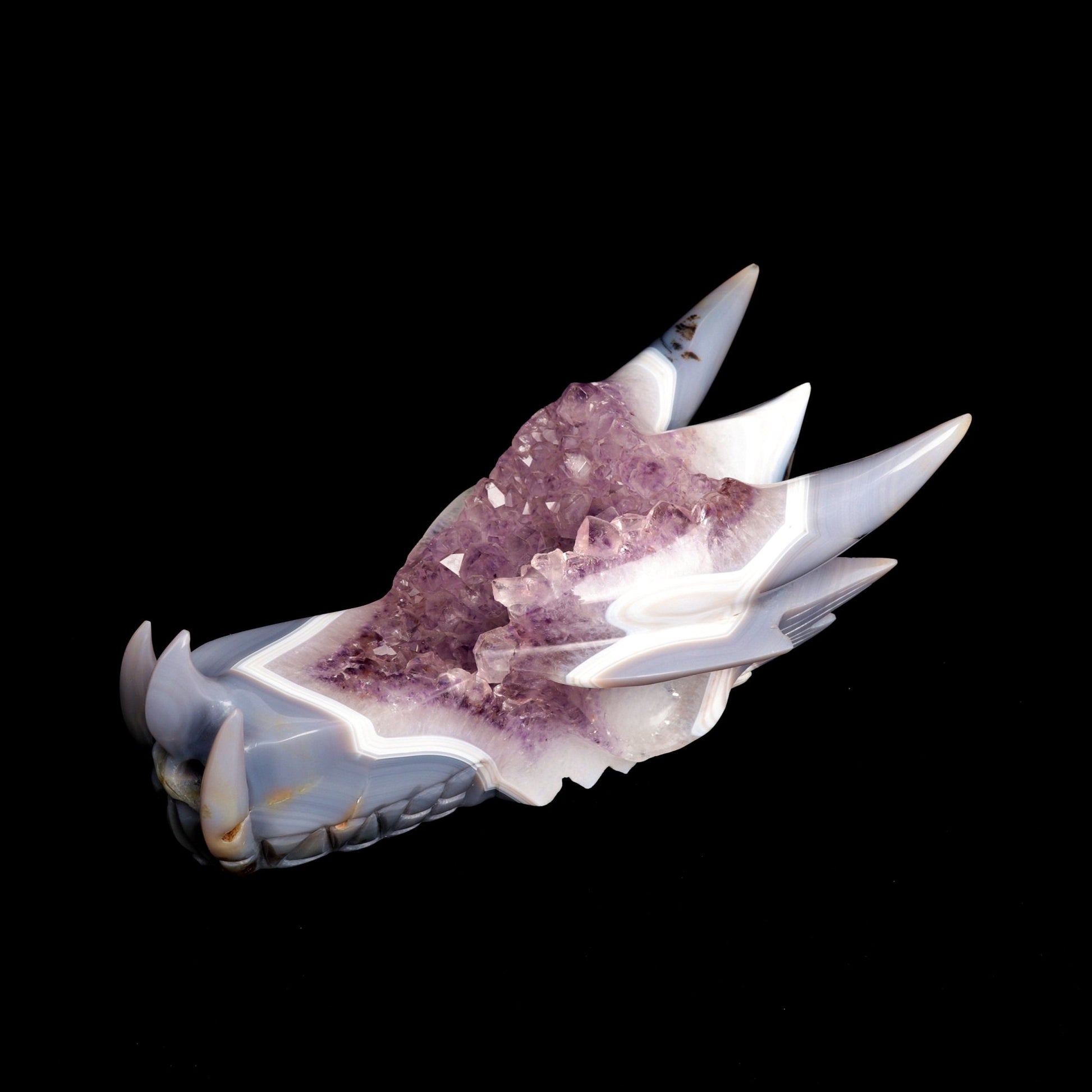 10" Agate Amethyst Cluster Hand Carved Dragon Head Sculpture, Crystal Healing - crystaltreasure