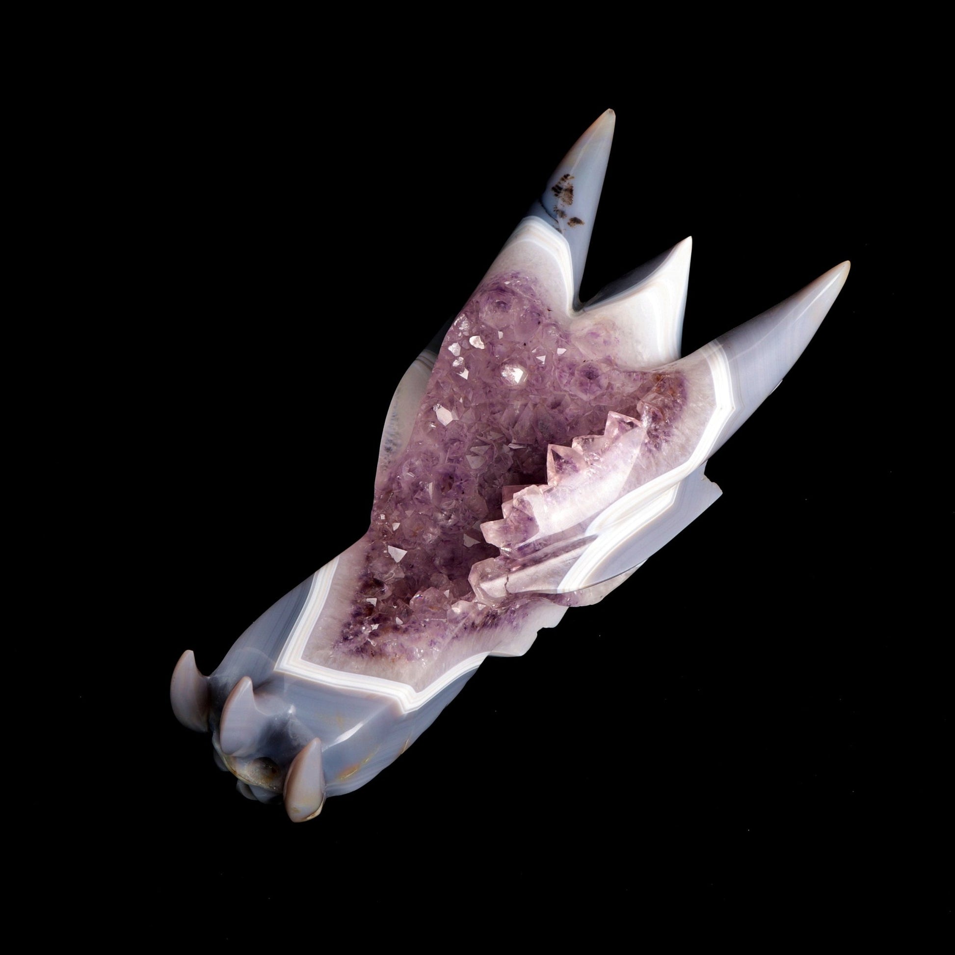 10" Agate Amethyst Cluster Hand Carved Dragon Head Sculpture, Crystal Healing - crystaltreasure