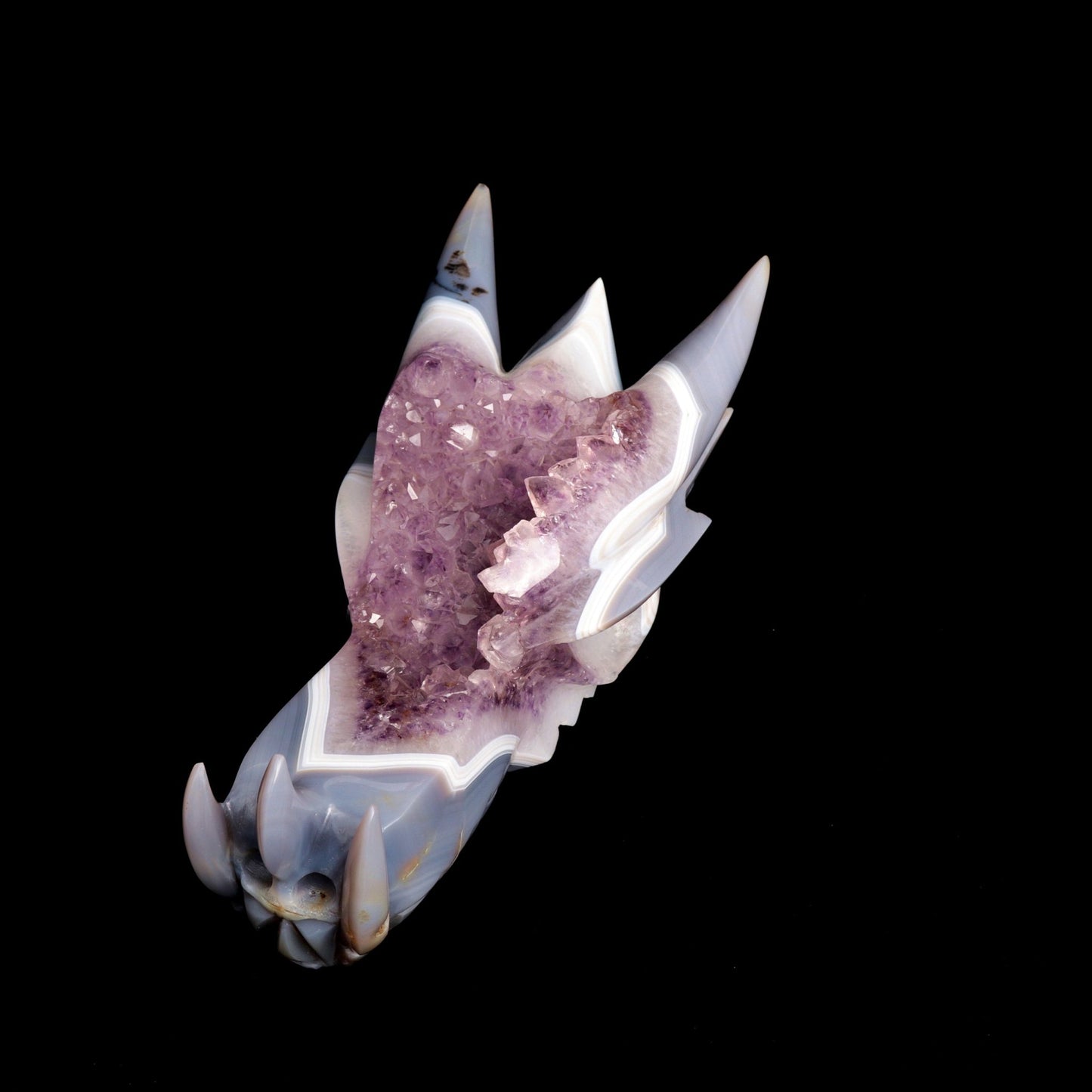 10" Agate Amethyst Cluster Hand Carved Dragon Head Sculpture, Crystal Healing - crystaltreasure