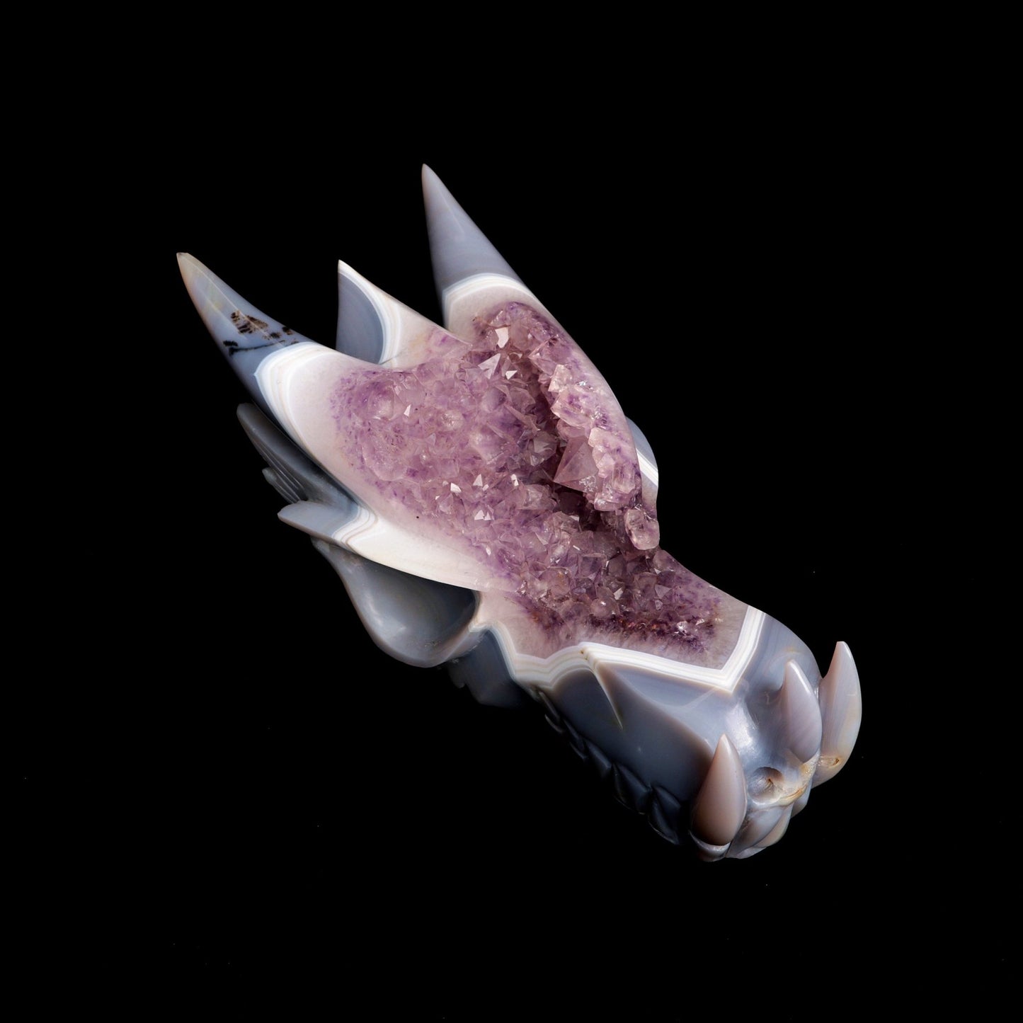 10" Agate Amethyst Cluster Hand Carved Dragon Head Sculpture, Crystal Healing - crystaltreasure
