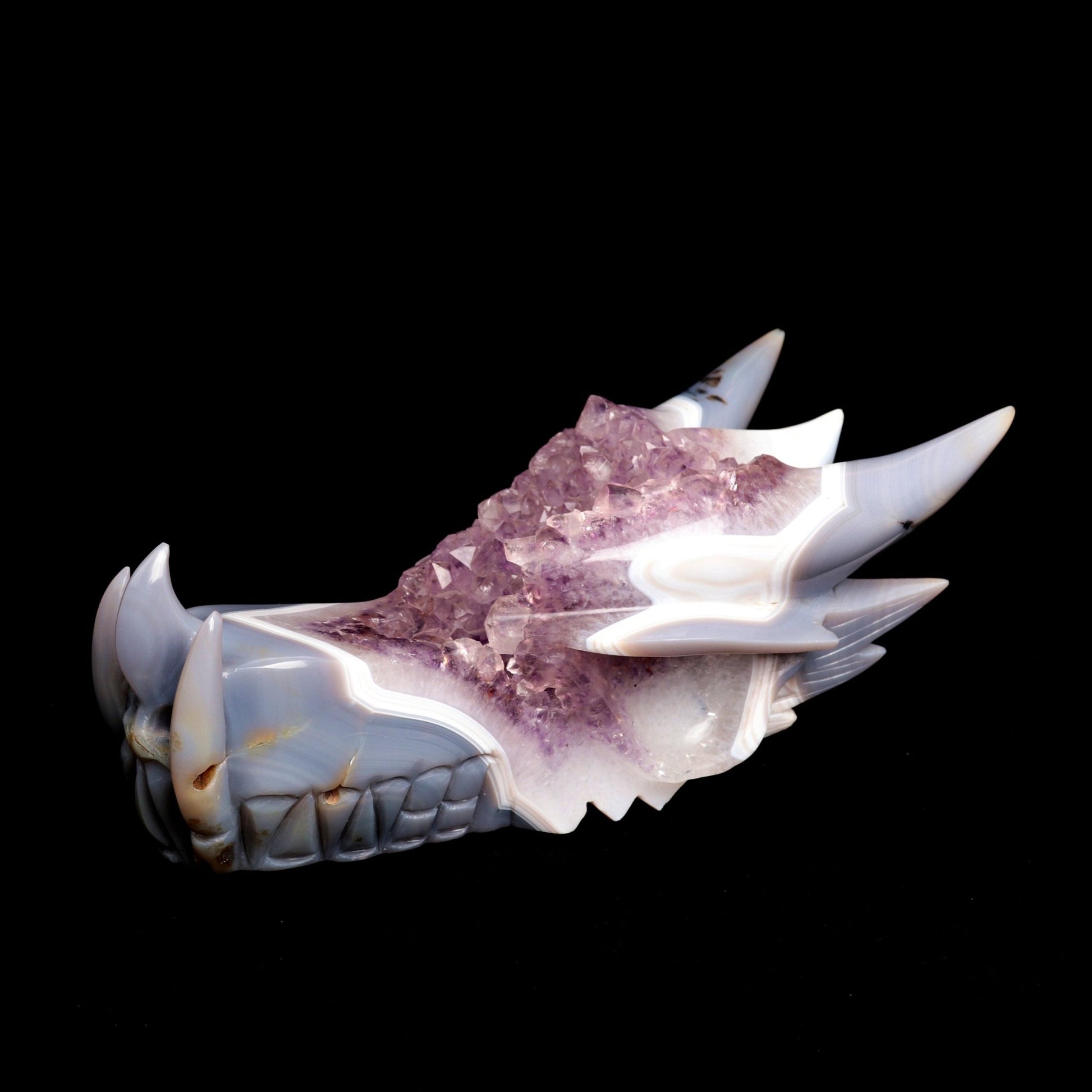 10" Agate Amethyst Cluster Hand Carved Dragon Head Sculpture, Crystal Healing - crystaltreasure