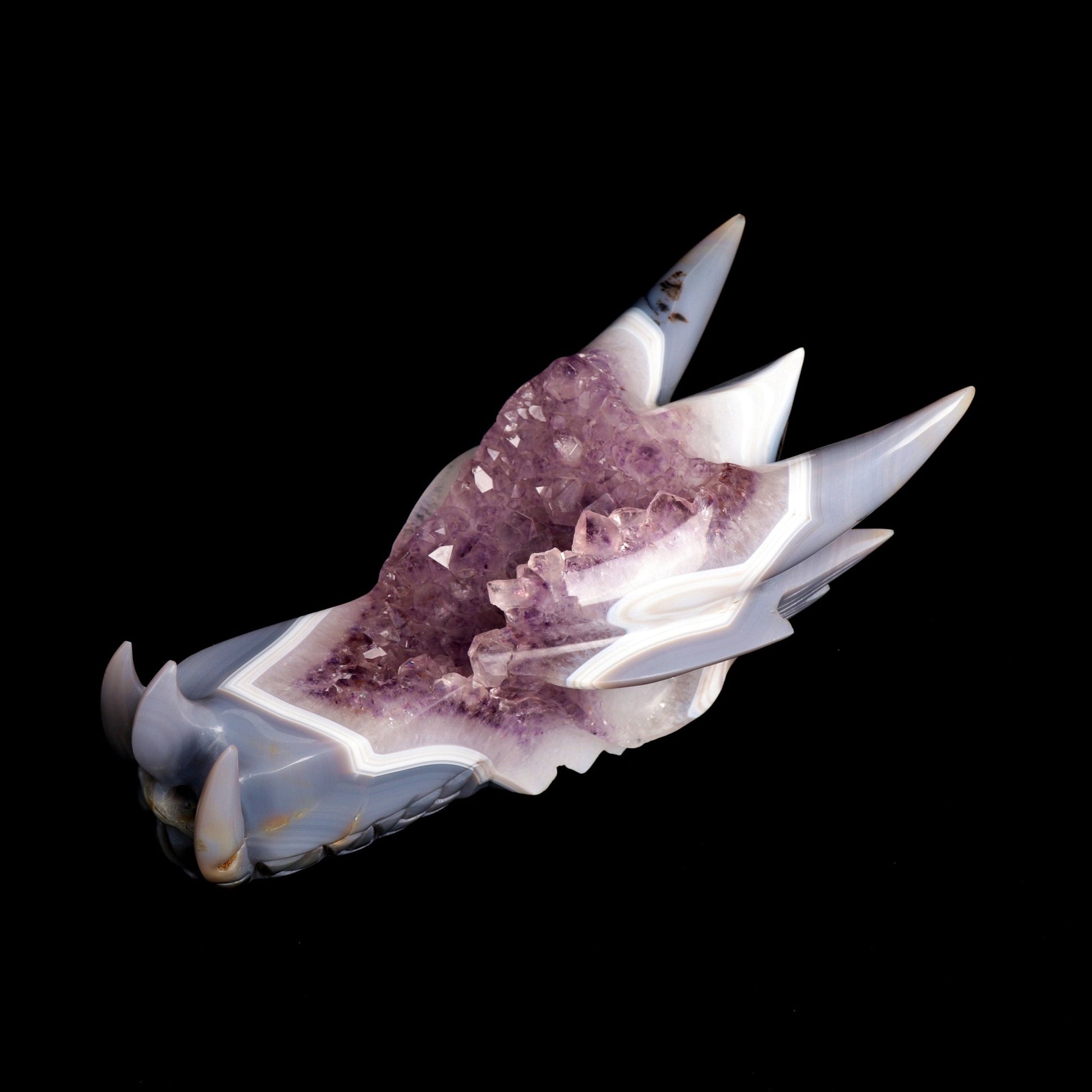 10" Agate Amethyst Cluster Hand Carved Dragon Head Sculpture, Crystal Healing - crystaltreasure