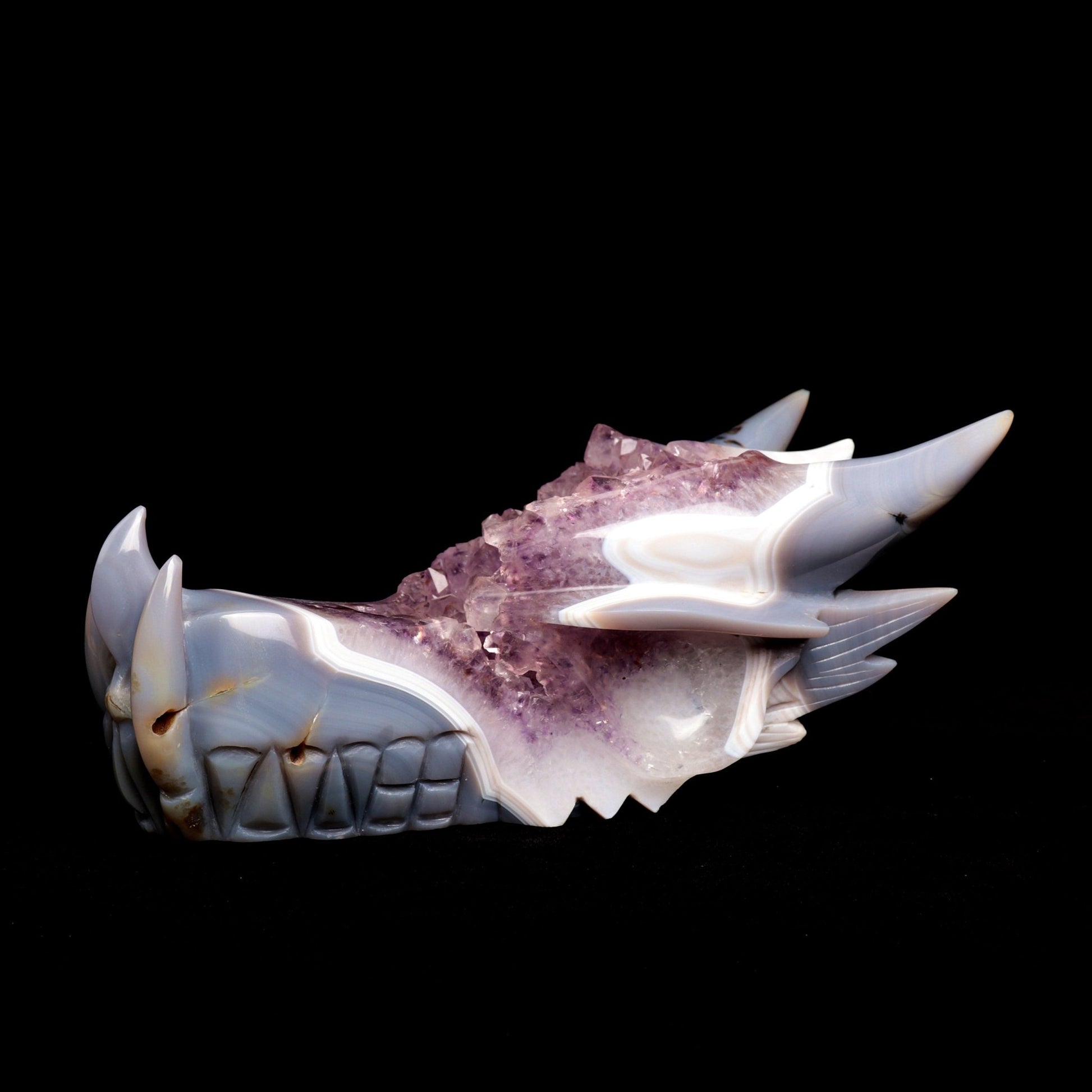 10" Agate Amethyst Cluster Hand Carved Dragon Head Sculpture, Crystal Healing - crystaltreasure