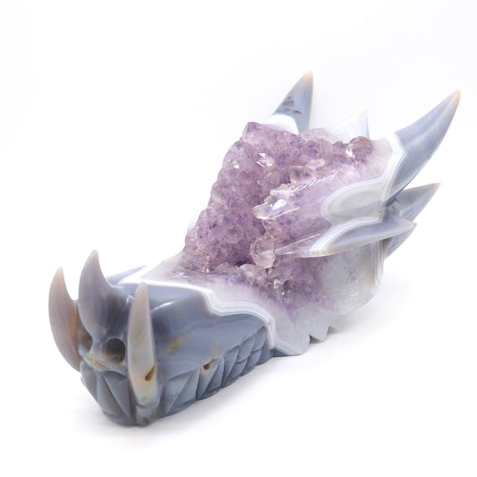 10" Agate Amethyst Cluster Hand Carved Dragon Head Sculpture, Crystal Healing - crystaltreasure