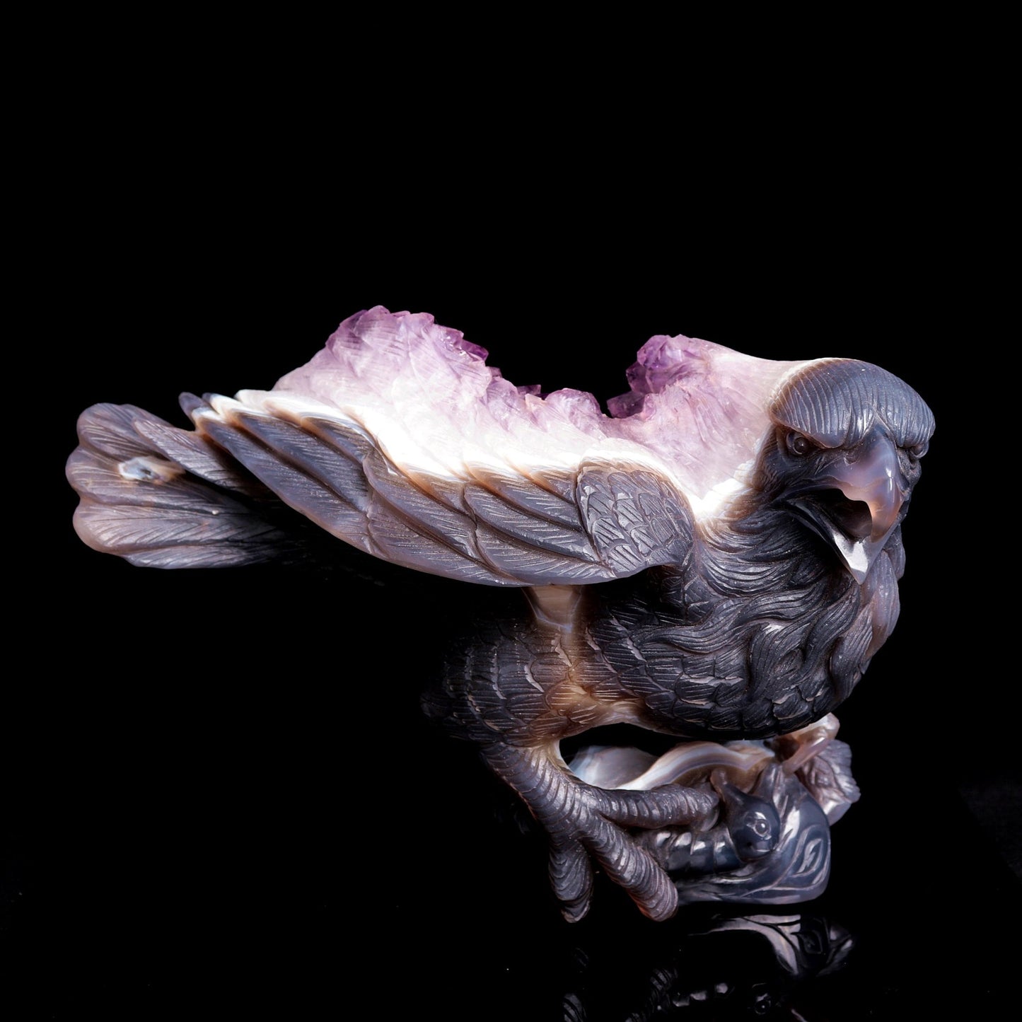 10" Amethyst Geode Agate Crystal Eagle Figurine Realistic Healing Quartz - crystaltreasure