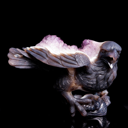 10" Amethyst Geode Agate Crystal Eagle Figurine Realistic Healing Quartz - crystaltreasure