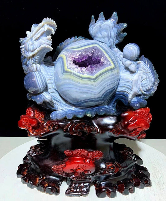 12" Agate Amethyst Geode Hand Carved Crystal Dragon Sphere Sculpture Quartz Collection - crystaltreasure