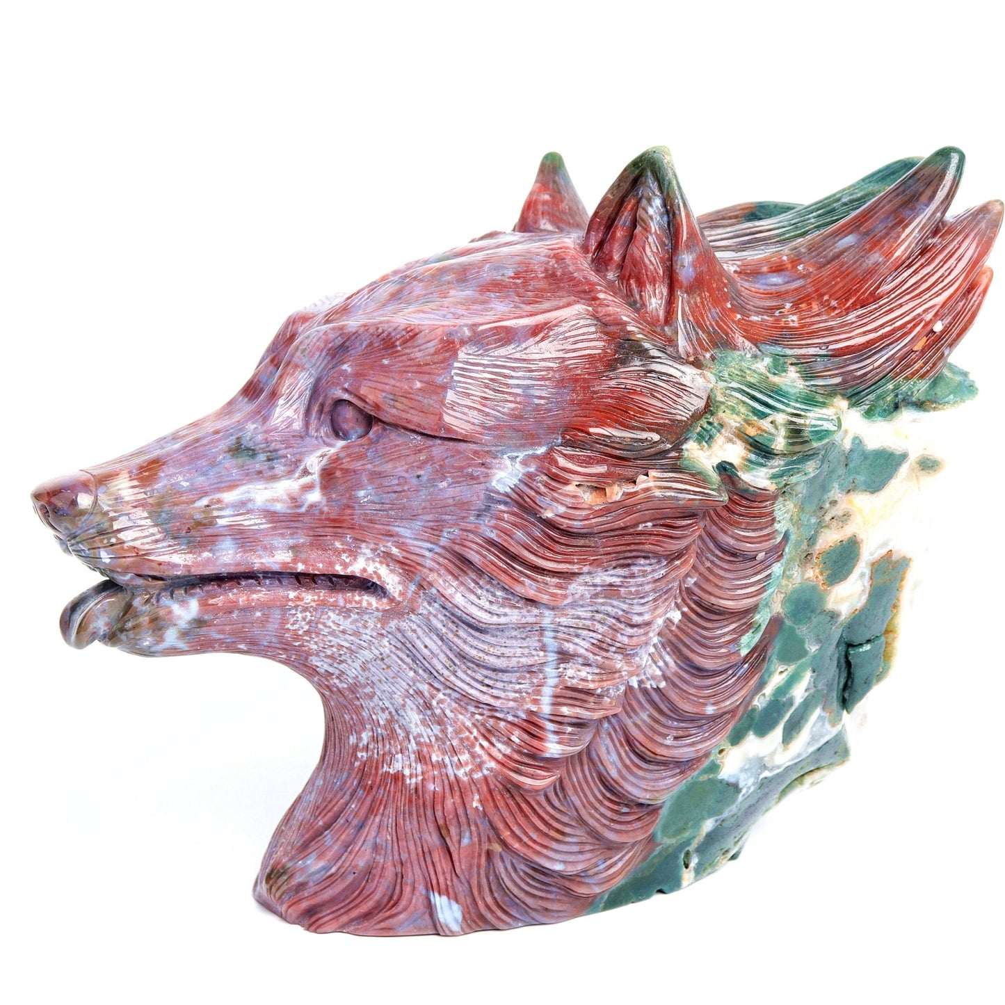 12.5LB HandCarved Ocean Japser Crystal Wolf head Cluster Geode Figurine Decor Gift - crystaltreasure