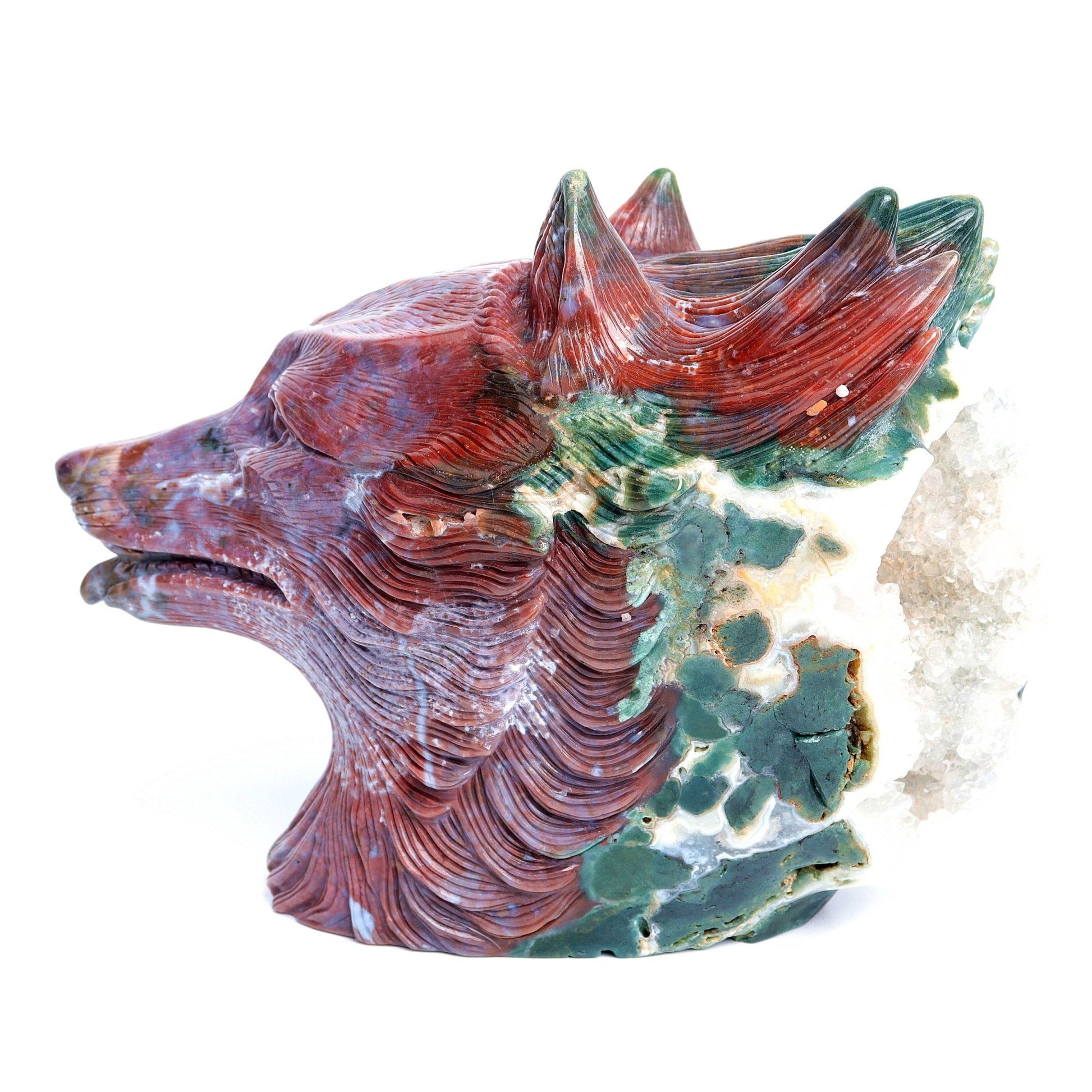 12.5LB HandCarved Ocean Japser Crystal Wolf head Cluster Geode Figurine Decor Gift - crystaltreasure