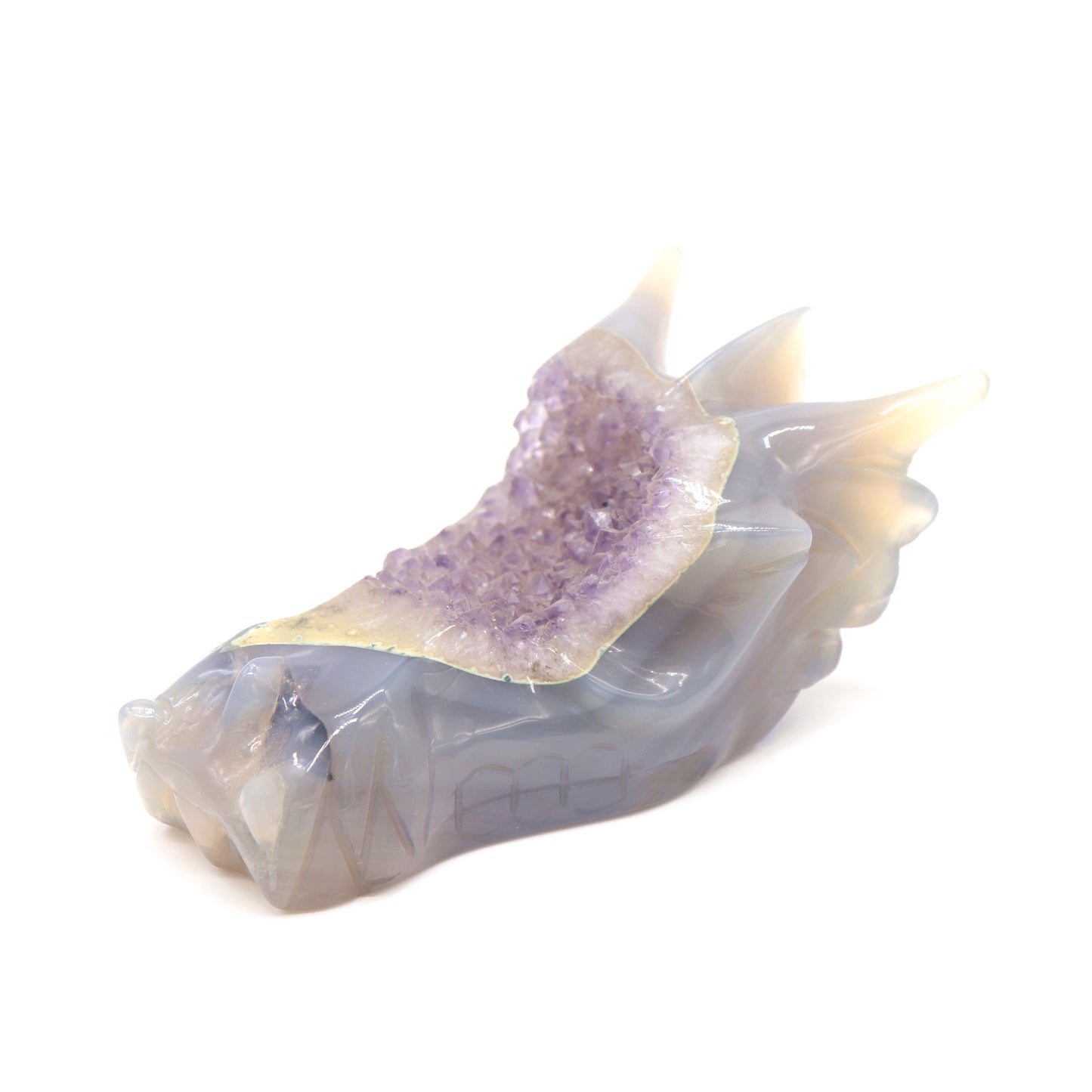 4.5" Druzy Agate Hand Carved Amethyst Dragon Head Figurine Crystal Healing