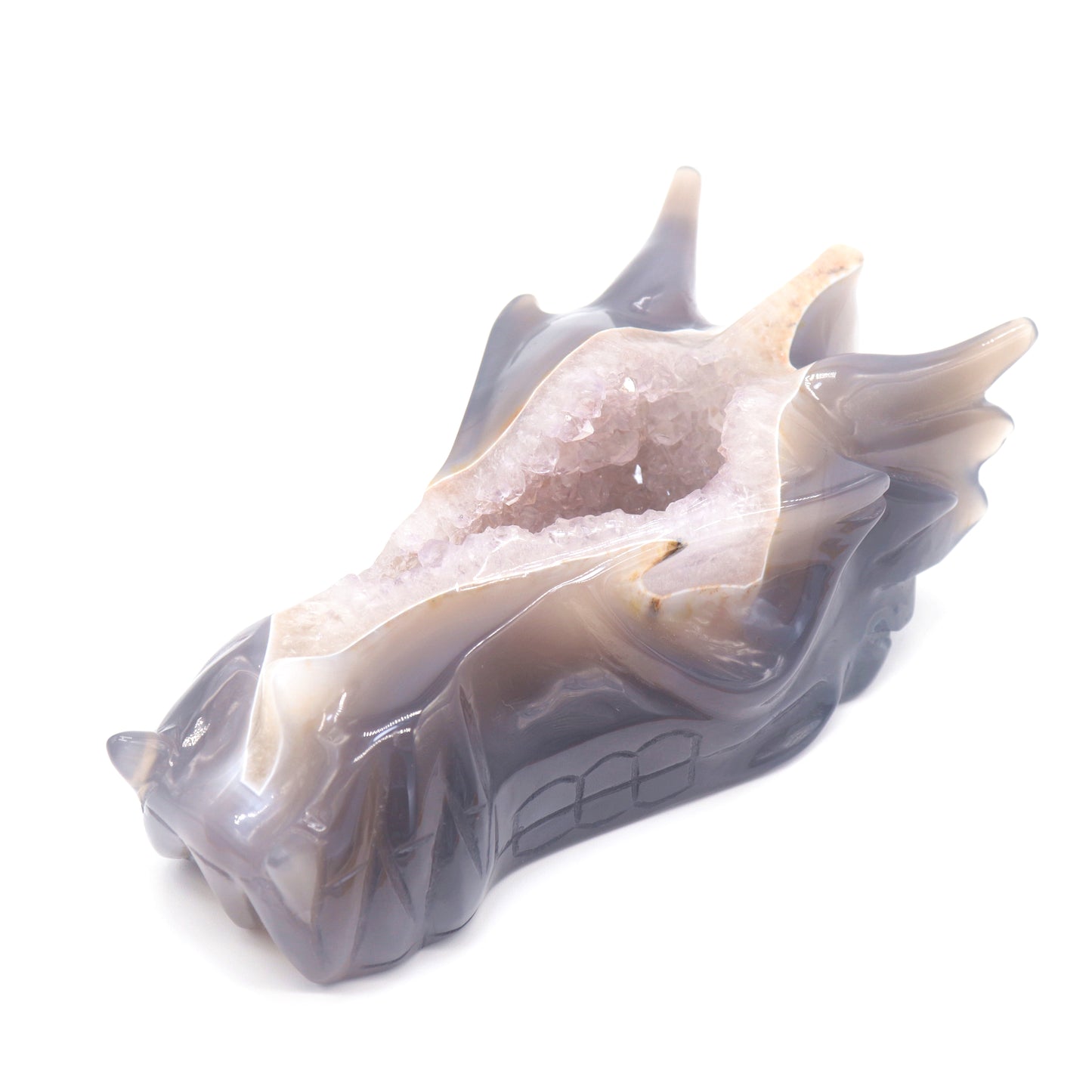7" Hand Carved Druzy Agate Dragon Head Sculpture Amethyst Geode Crystal Healing Reiki