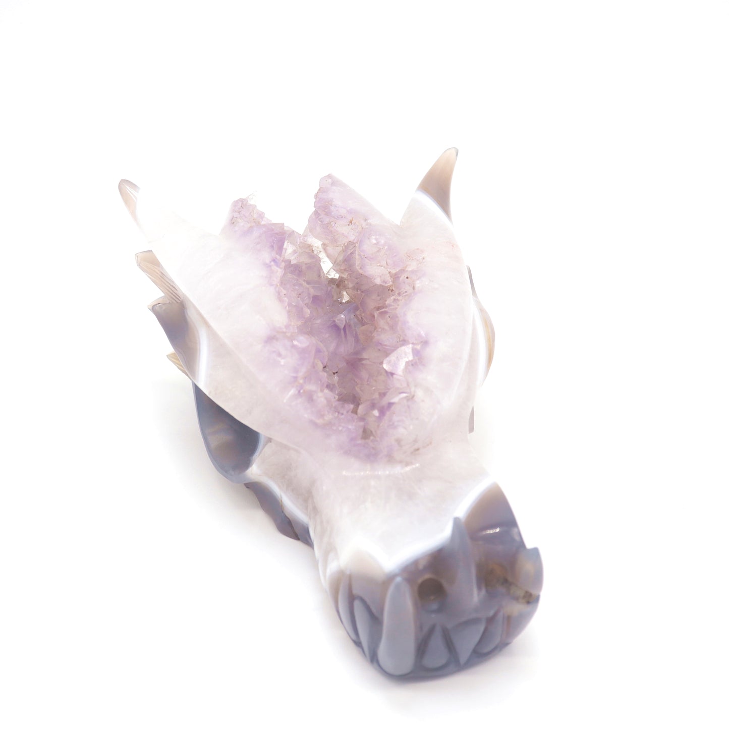6.5" Hand Carved Agate Amethyst Geode Dragon Head Sculpture Druzy Crystal Healing Reiki