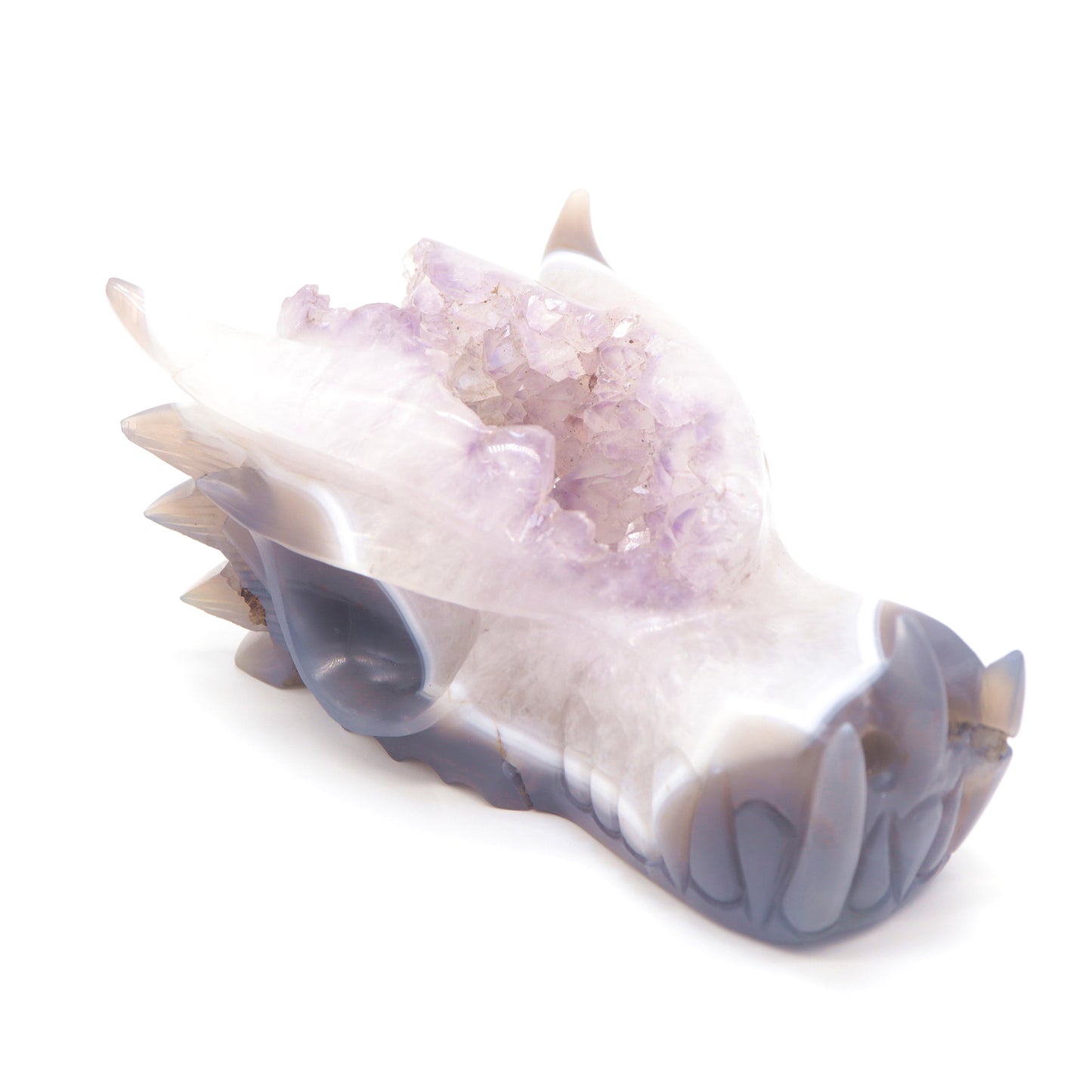 6.5" Hand Carved Agate Amethyst Geode Dragon Head Sculpture Druzy Crystal Healing Reiki