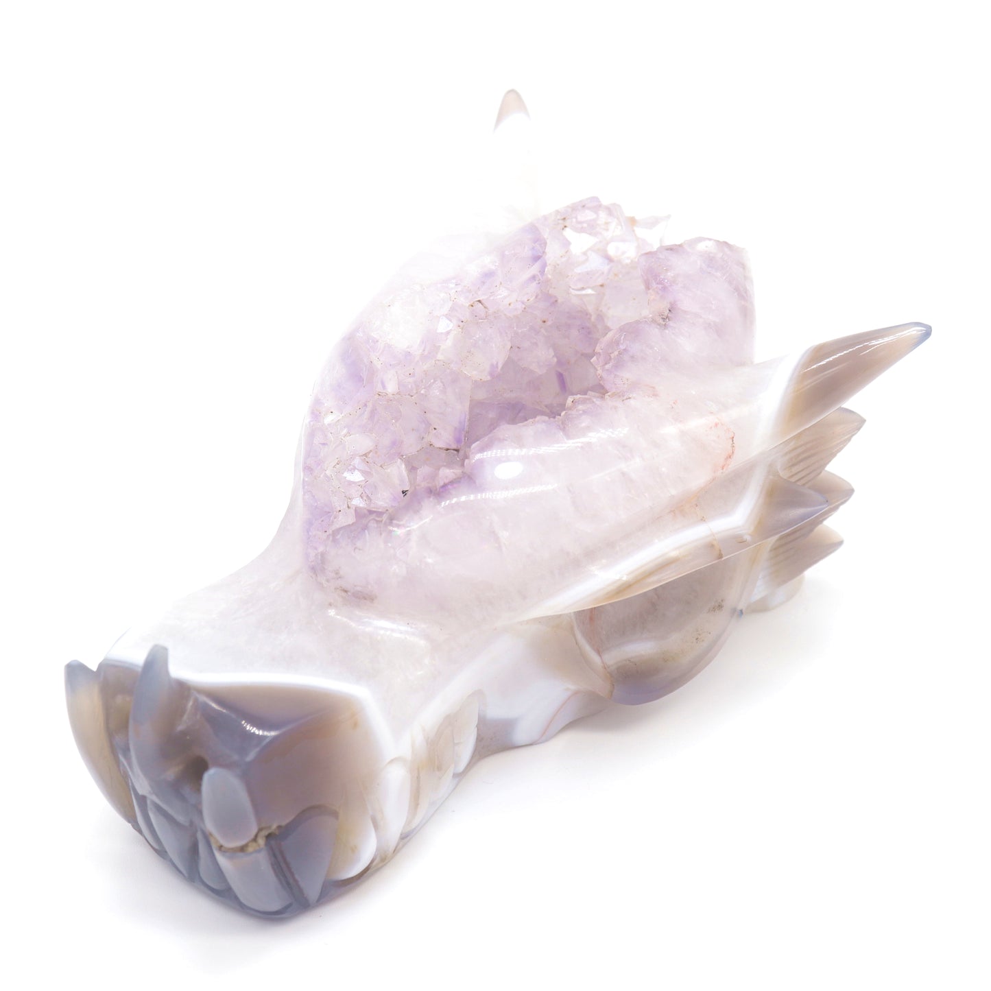 6.5" Hand Carved Agate Amethyst Geode Dragon Head Sculpture Druzy Crystal Healing Reiki