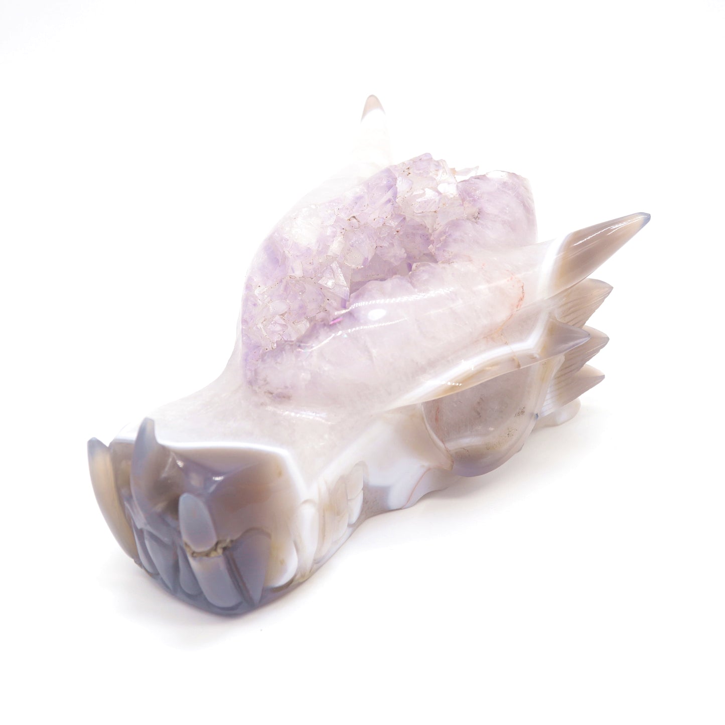 6.5" Hand Carved Agate Amethyst Geode Dragon Head Sculpture Druzy Crystal Healing Reiki