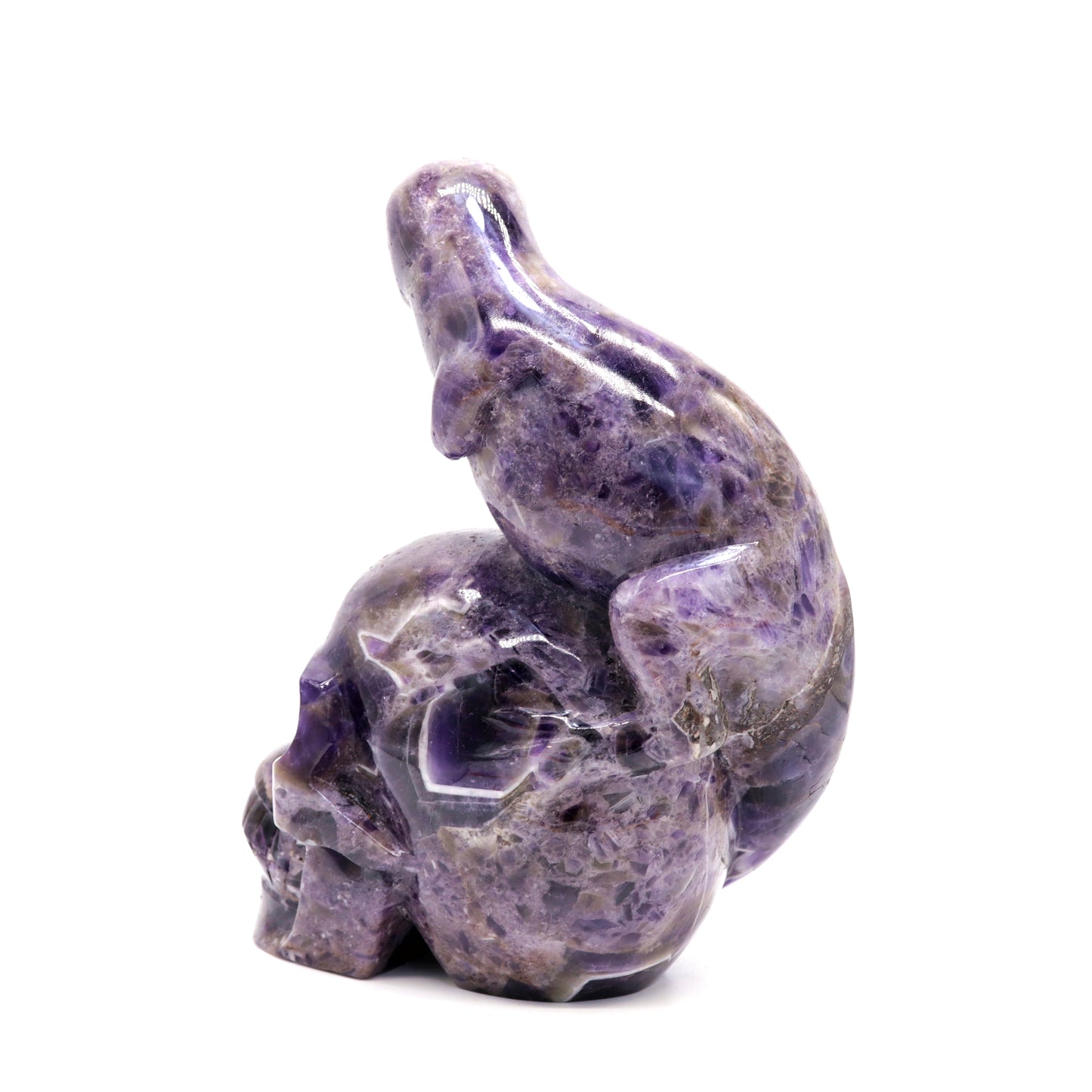 7" Dream Amethyst HandCarved Crystal Skull with Dinosaur Sculpture Reiki Healing