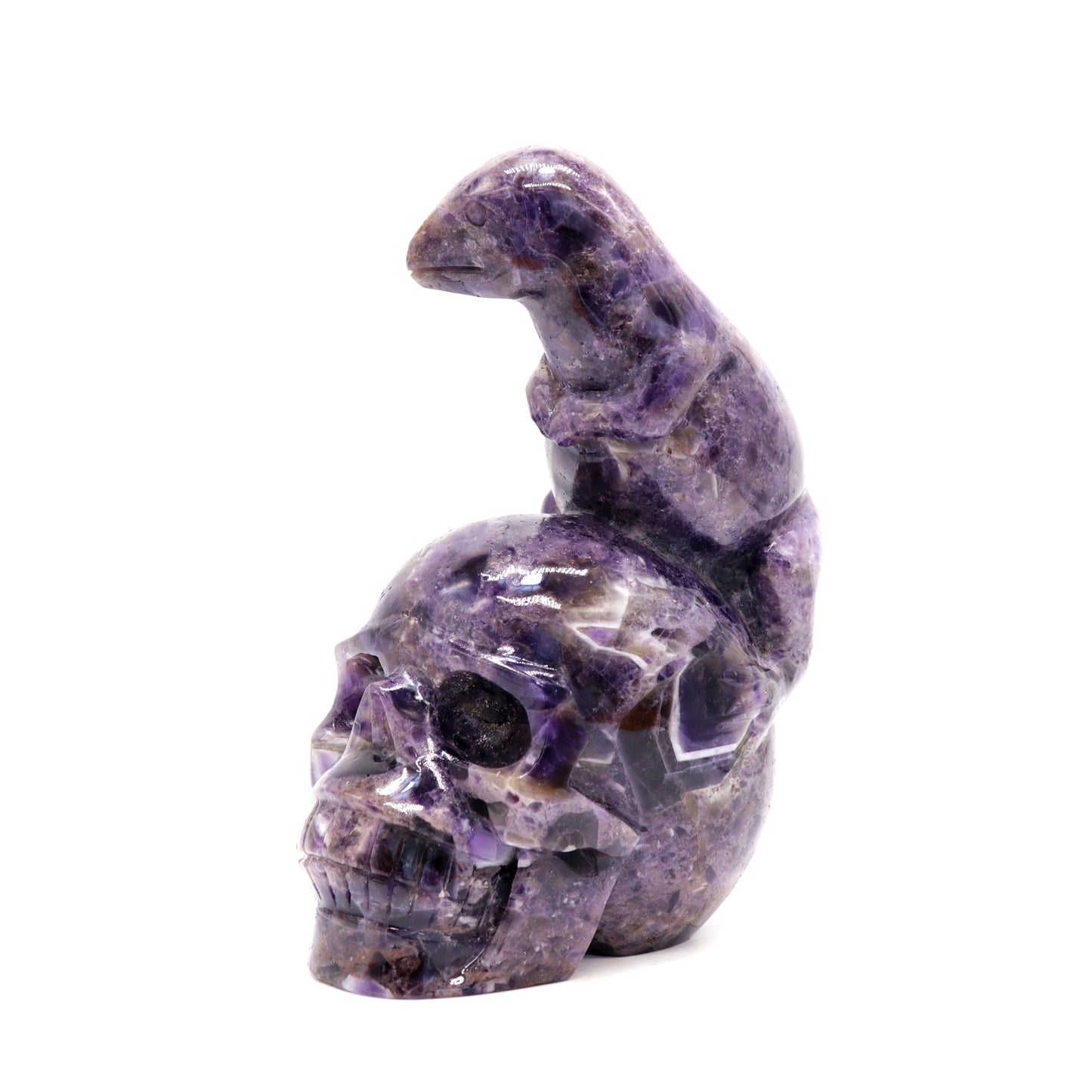 7" Dream Amethyst HandCarved Crystal Skull with Dinosaur Sculpture Reiki Healing