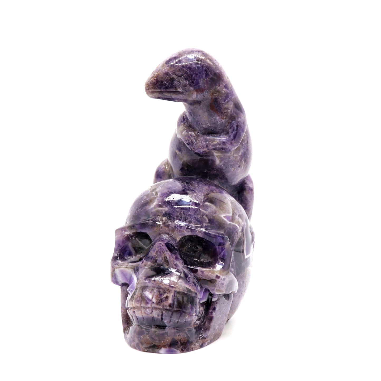 7" Dream Amethyst HandCarved Crystal Skull with Dinosaur Sculpture Reiki Healing