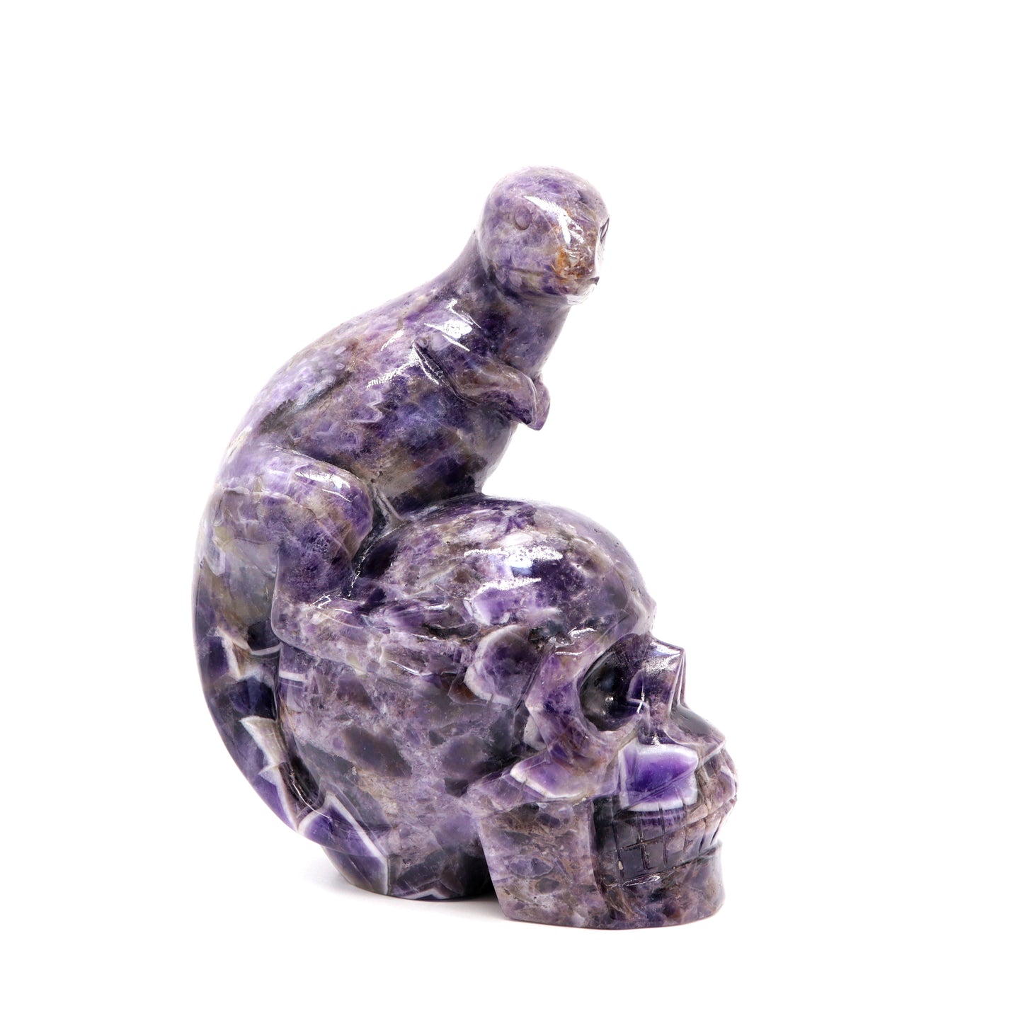 7" Dream Amethyst HandCarved Crystal Skull with Dinosaur Sculpture Reiki Healing