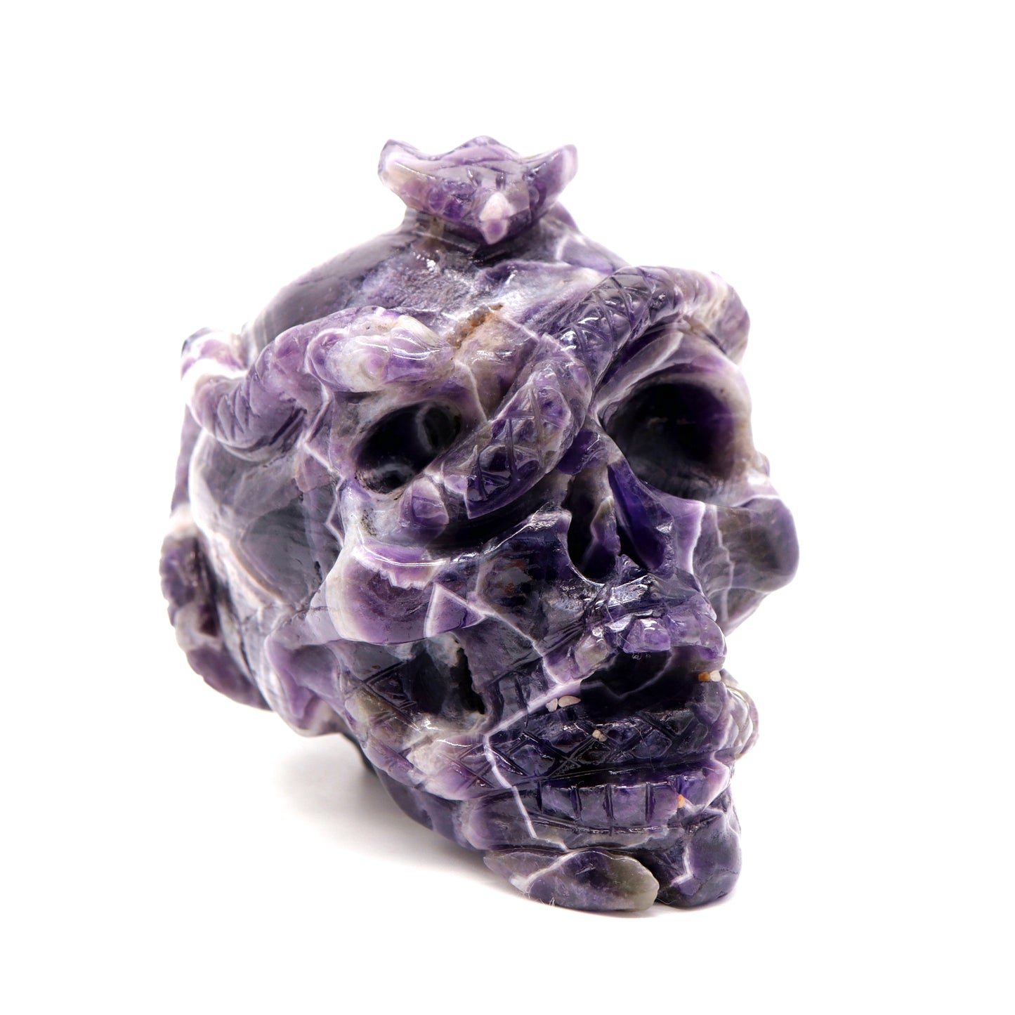 4.8" Dream Amethyst HandCarved Crystal Skull with Snake Sculpture Reiki Healing