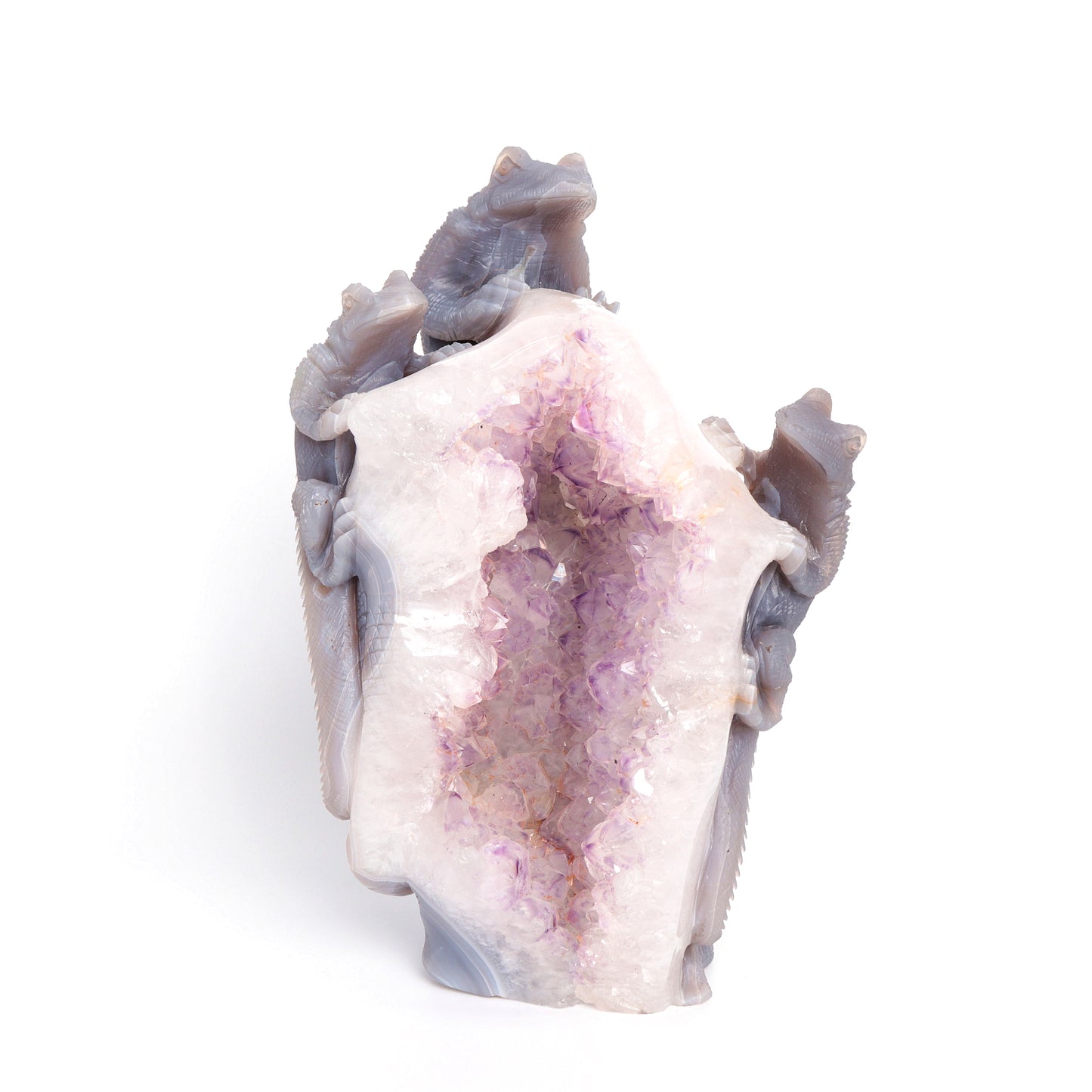 9.3" Agate Amethyst Geode Carved Lizard Elephant Sculpture Realistic Crystal Healing Quartz Decor