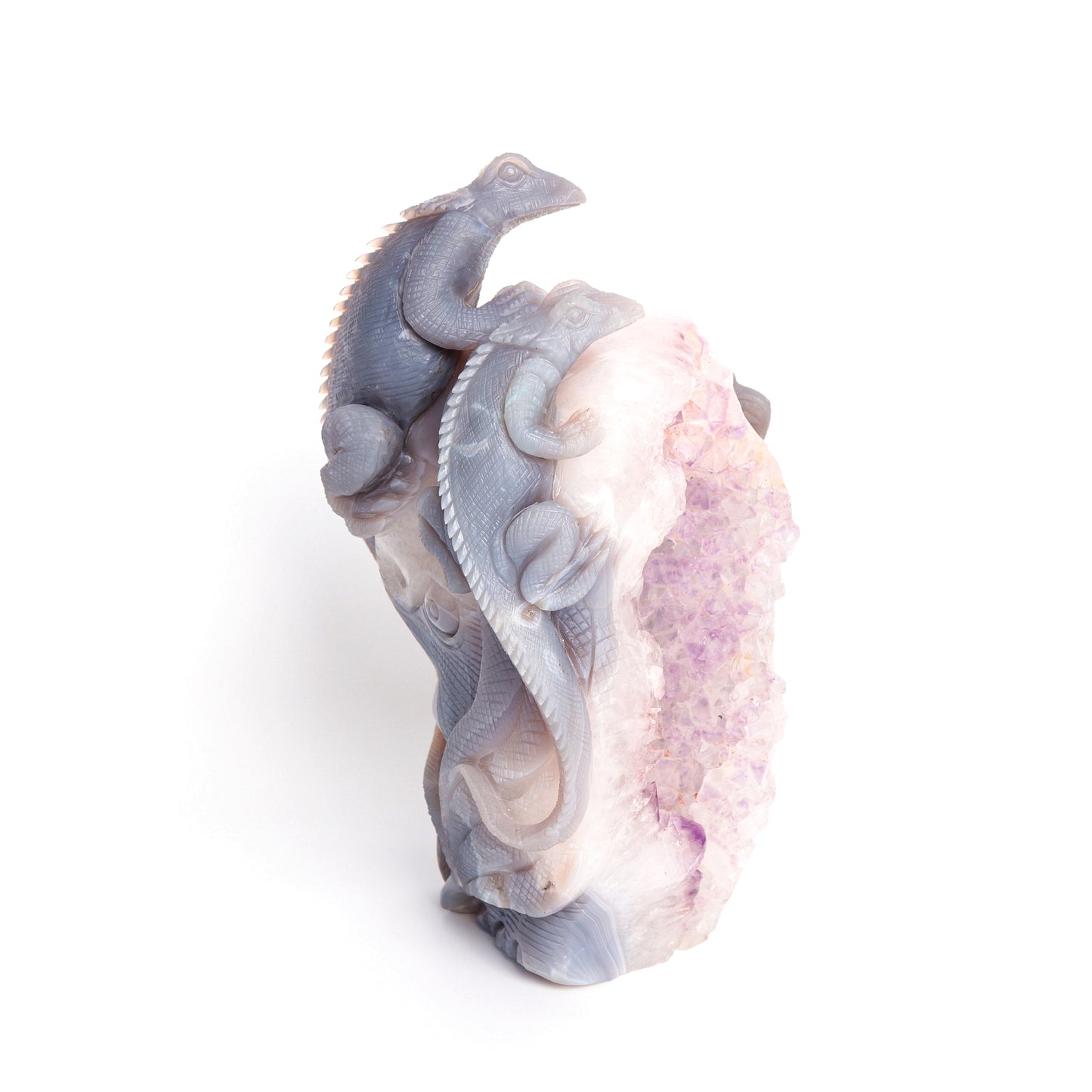 9.3" Agate Amethyst Geode Carved Lizard Elephant Sculpture Realistic Crystal Healing Quartz Decor