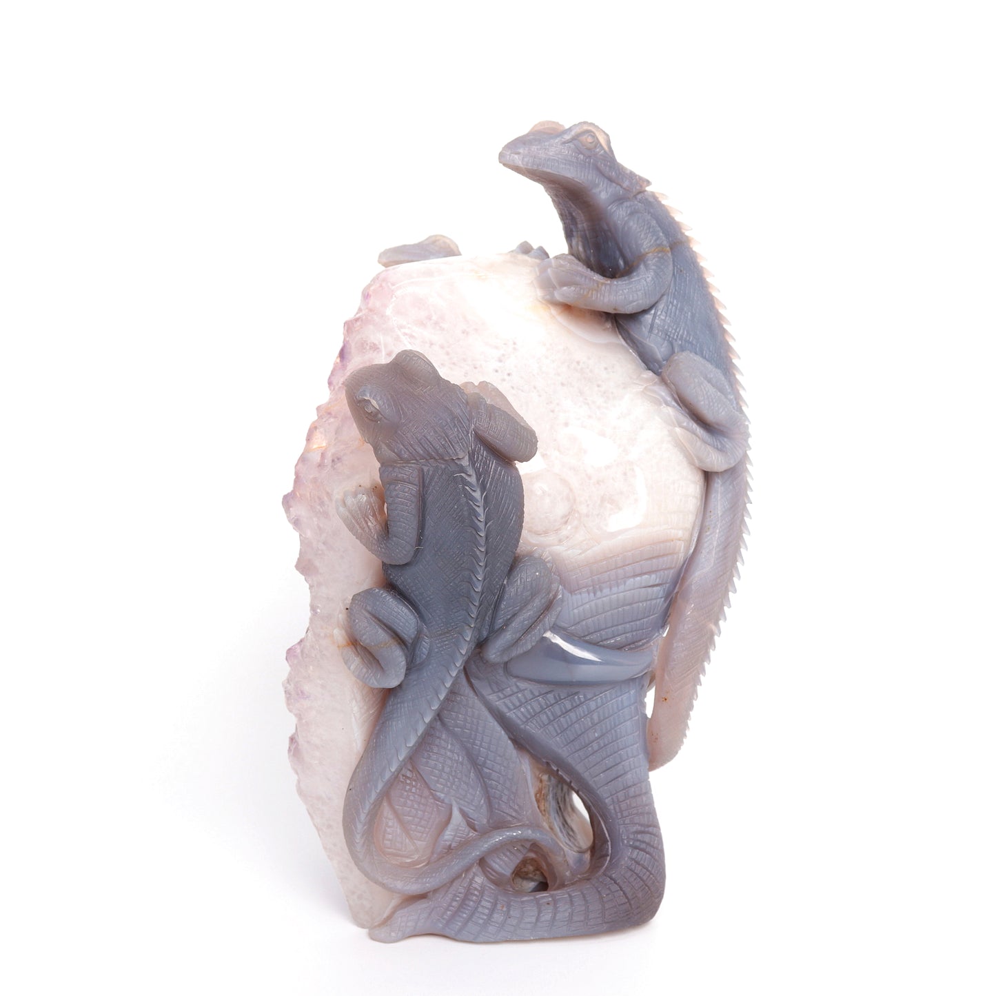9.3" Agate Amethyst Geode Carved Lizard Elephant Sculpture Realistic Crystal Healing Quartz Decor