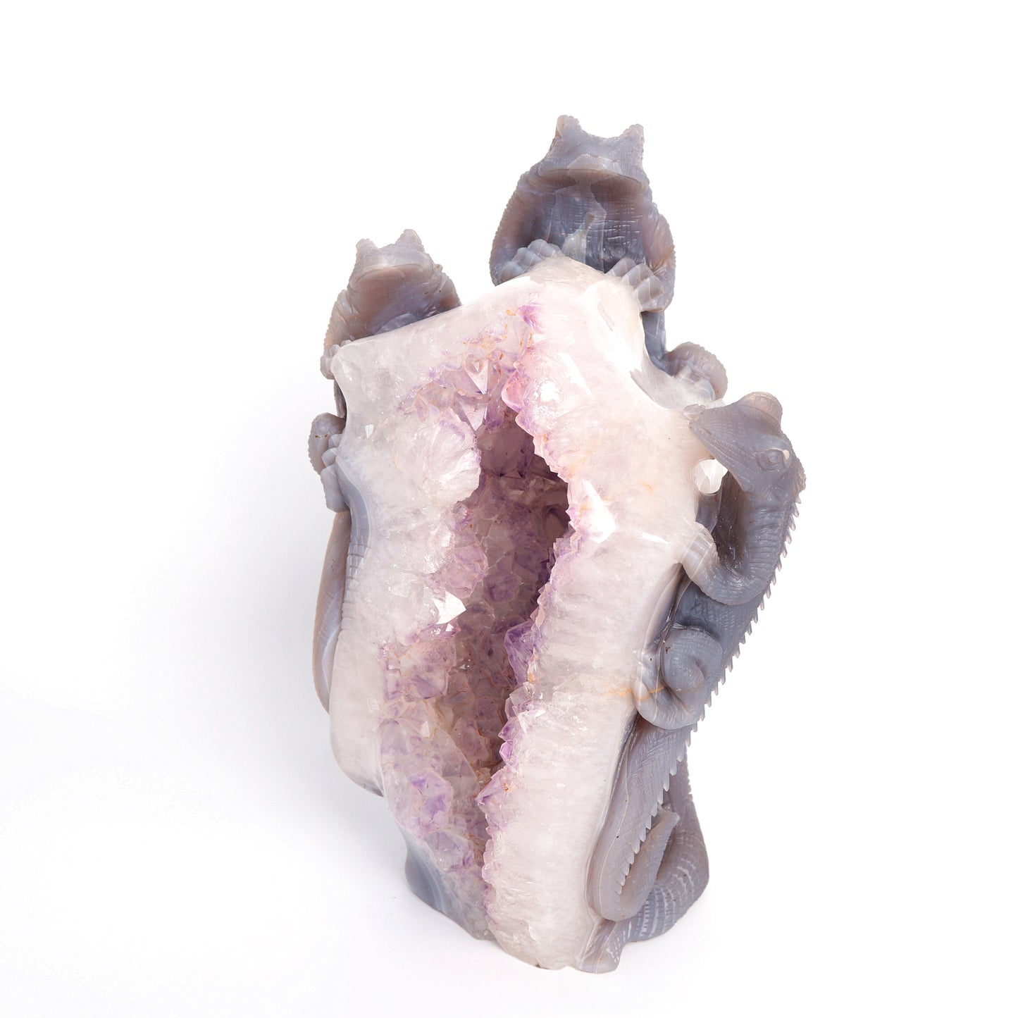9.3" Agate Amethyst Geode Carved Lizard Elephant Sculpture Realistic Crystal Healing Quartz Decor
