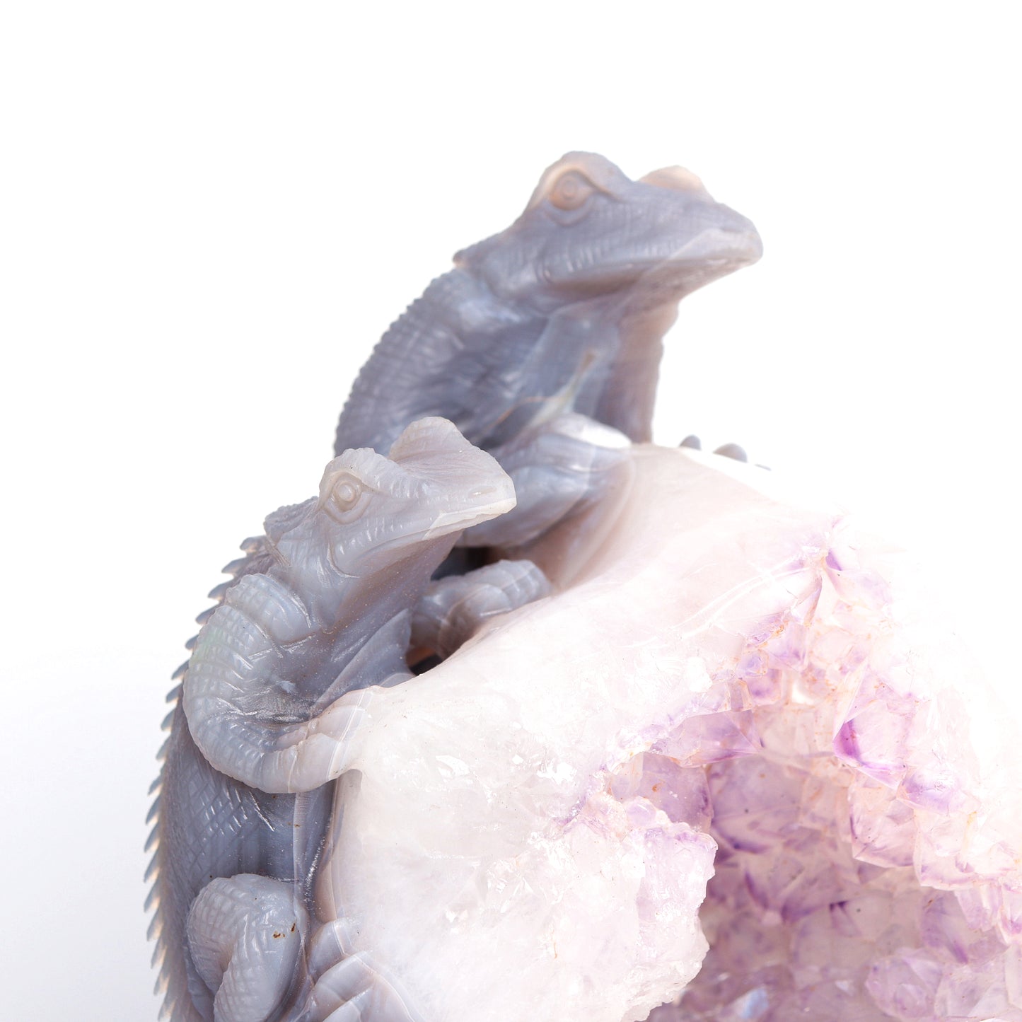 9.3" Agate Amethyst Geode Carved Lizard Elephant Sculpture Realistic Crystal Healing Quartz Decor