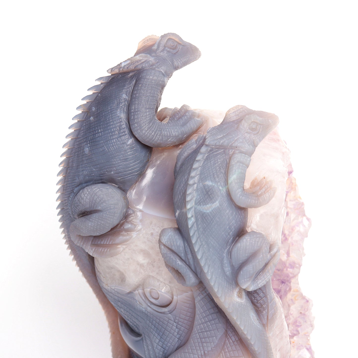 9.3" Agate Amethyst Geode Carved Lizard Elephant Sculpture Realistic Crystal Healing Quartz Decor