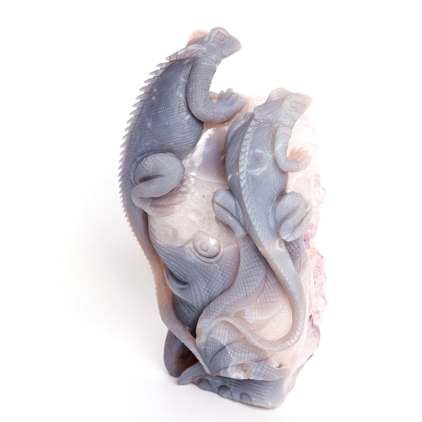 9.3" Agate Amethyst Geode Carved Lizard Elephant Sculpture Realistic Crystal Healing Quartz Decor