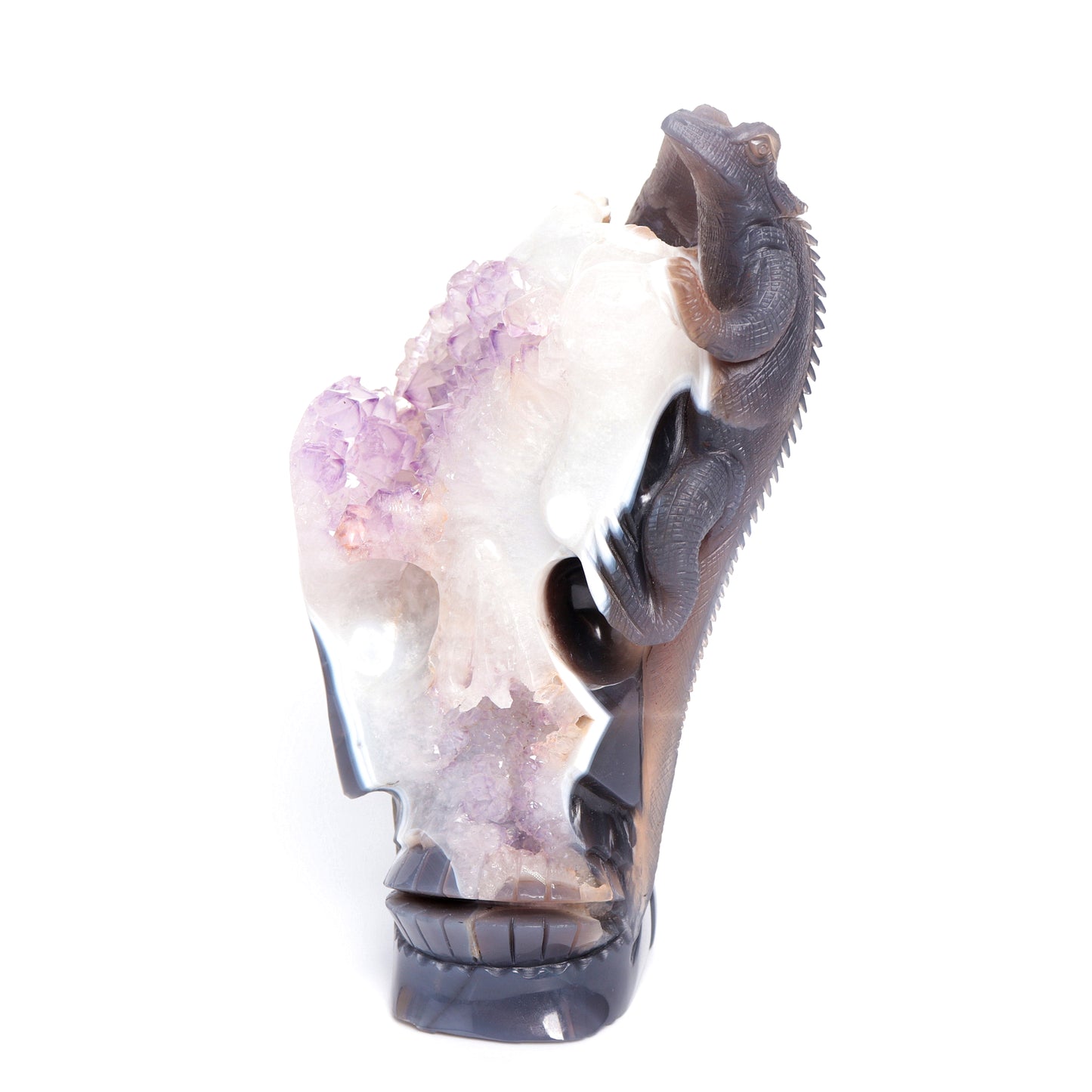 9.5" Agate Amethyst Geode Carved Lizard Skull Sculpture Realistic Crystal Healing Decor