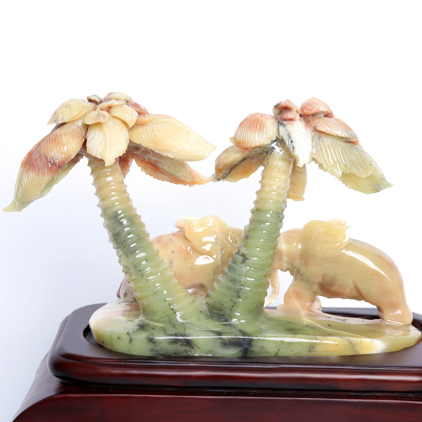 XiuYan Jade Carved Elephant Sculpture Palm Tree Realistic Crystal Healing