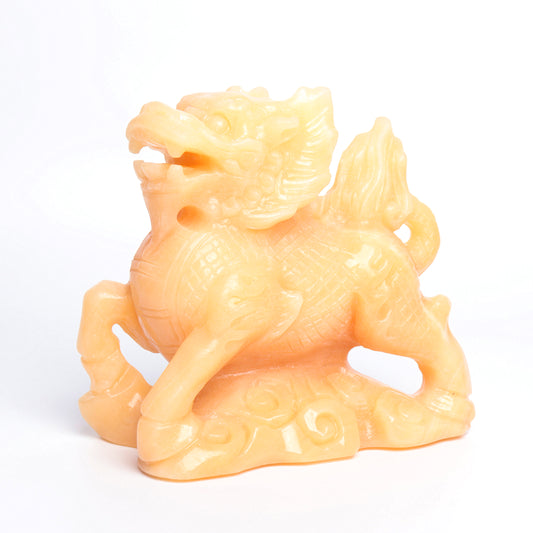 6" Yellow Calcite Carved QIlin Figurine Crystal Healing Quartz Decor