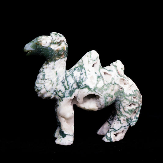 5.5" Moss Agate Carved camel Figurine Realistic Crystal Healing Quartz Decor