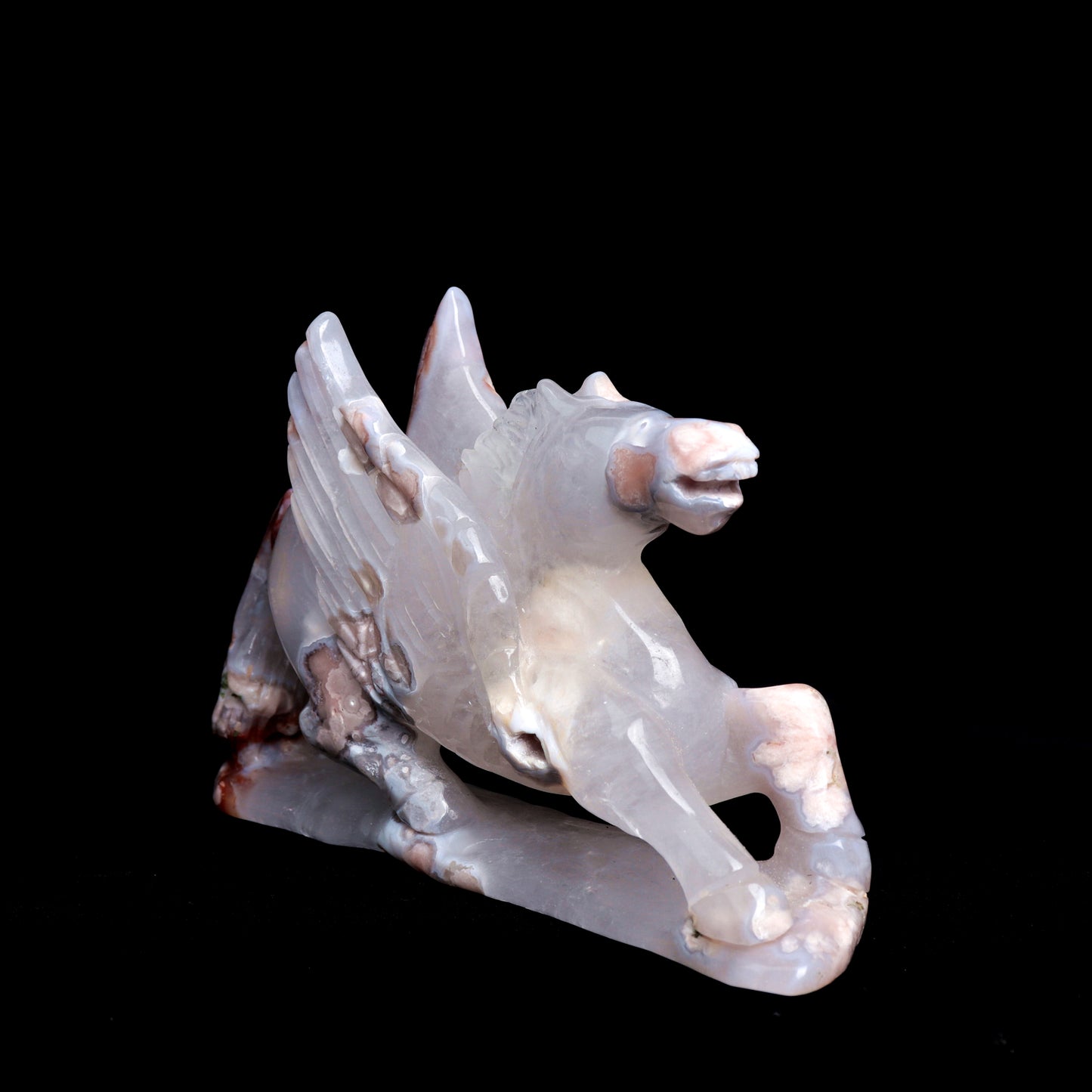 7" Flower Agate Carved Crystal Pegasus Sculpture Healing Quartz Decor