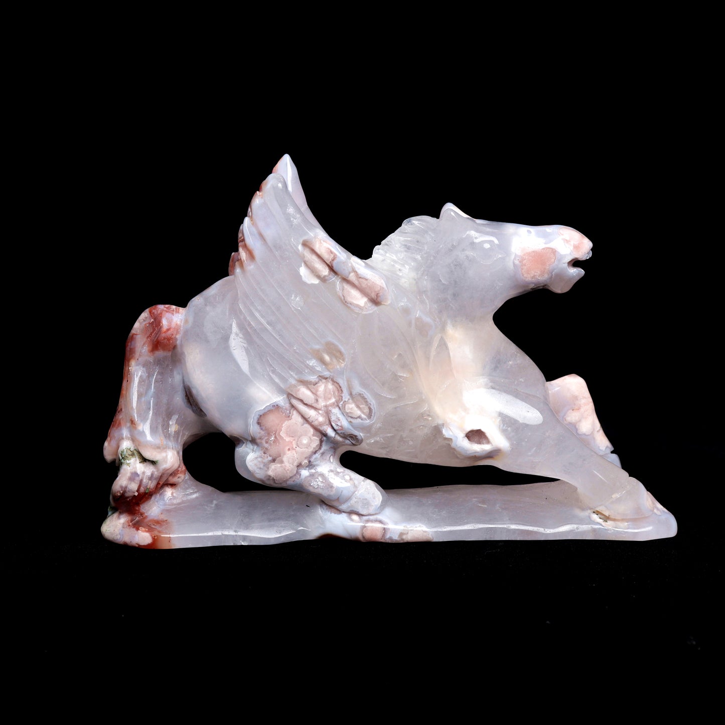 7" Flower Agate Carved Crystal Pegasus Sculpture Healing Quartz Decor