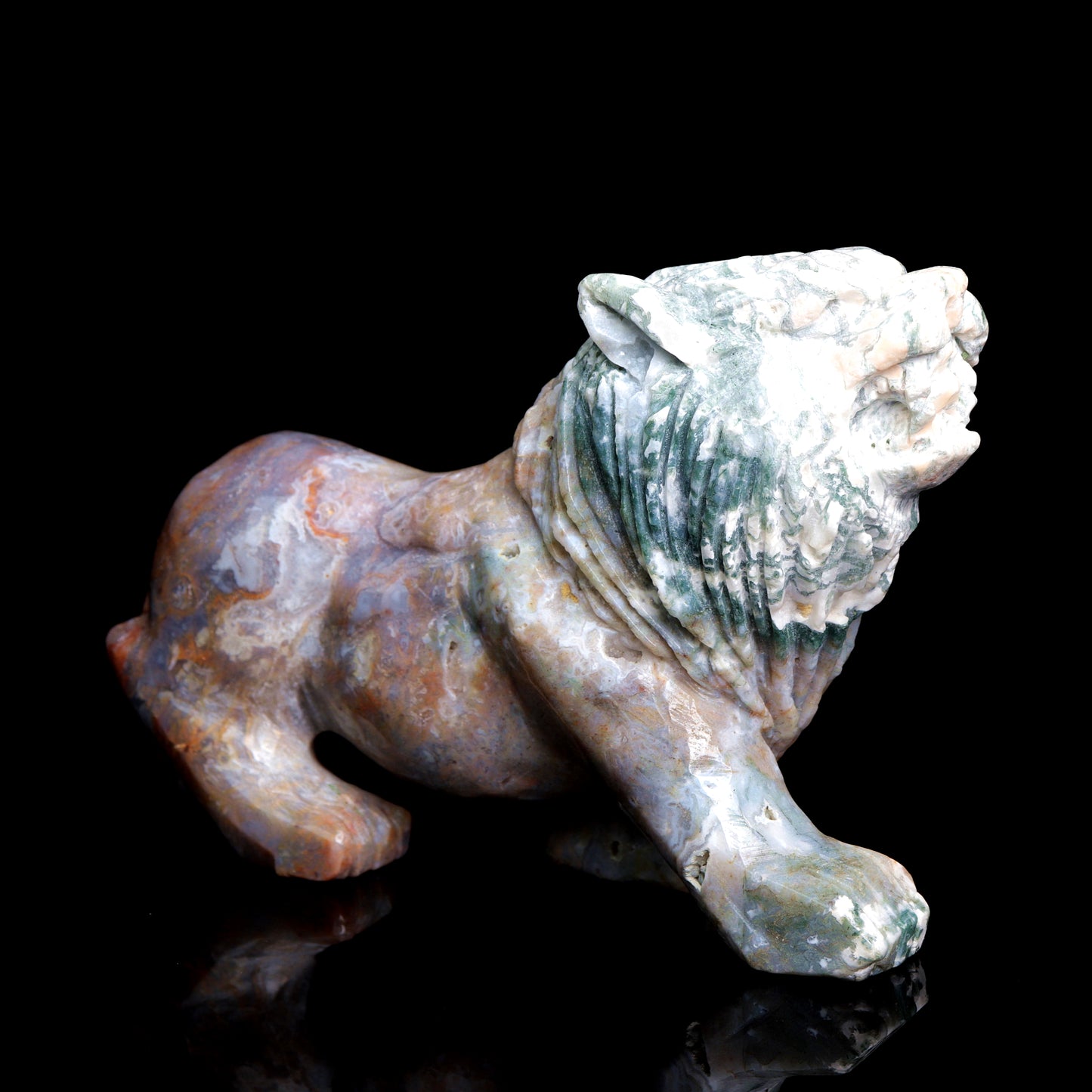7.5" Moss Agate Carved Lion Figurine Realistic Crystal Healing Quartz Decor