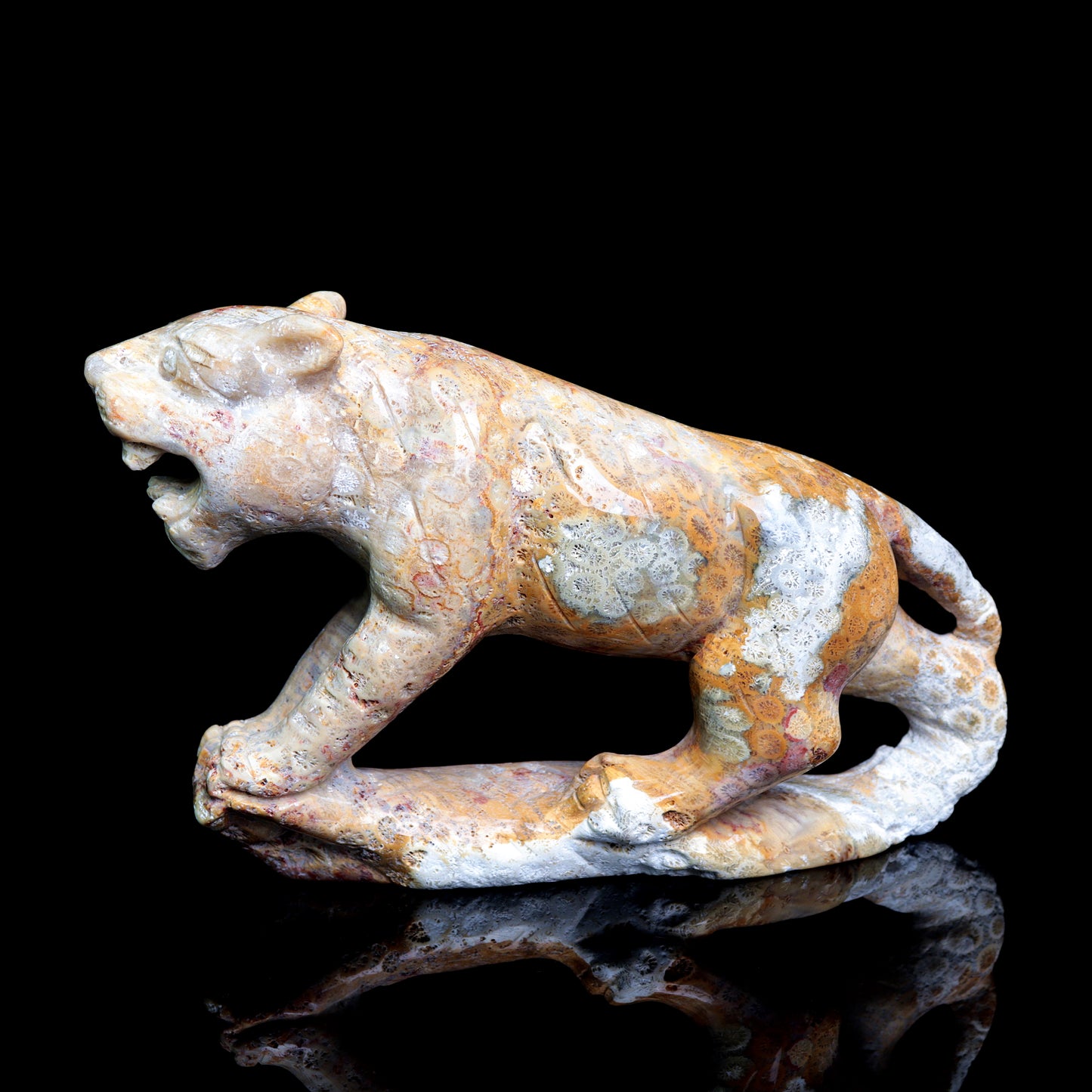 7" Coral Jade Carved Tiger Sculpture Realistic Crystal Healing Quartz Decor