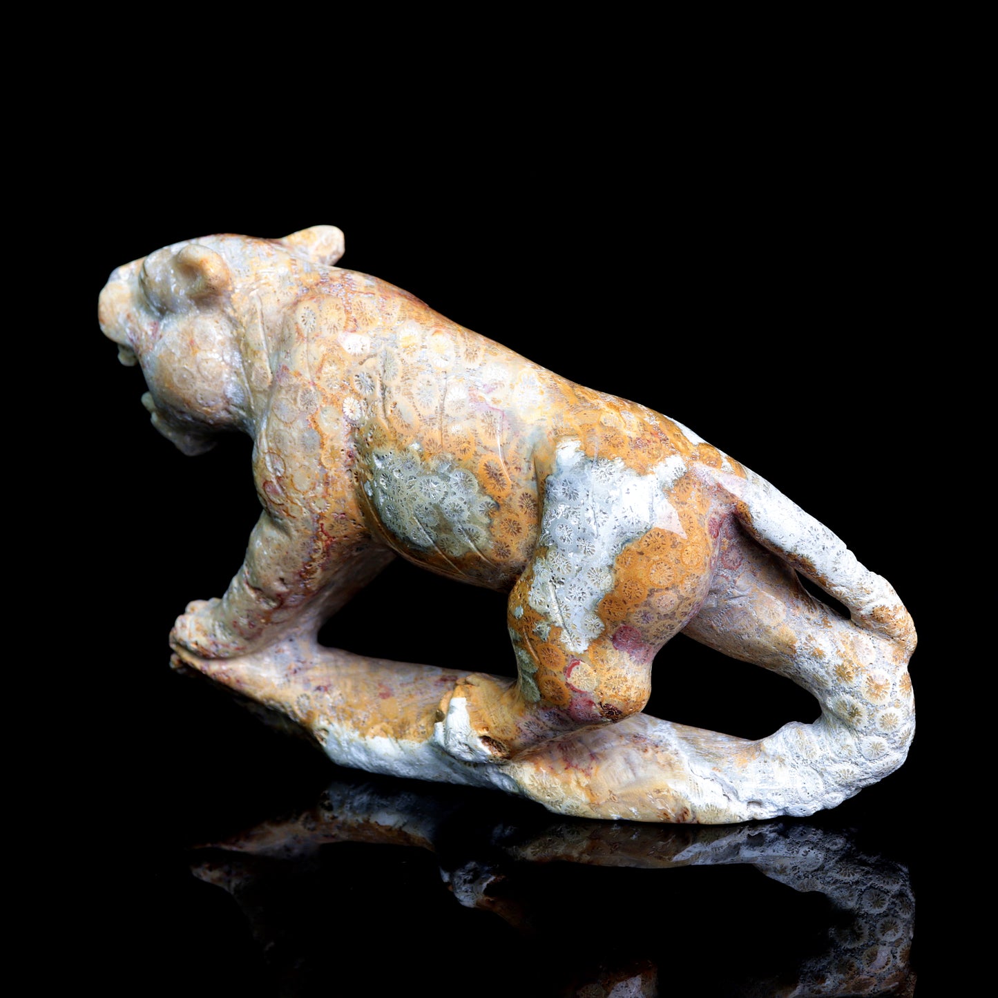 7" Coral Jade Carved Tiger Sculpture Realistic Crystal Healing Quartz Decor