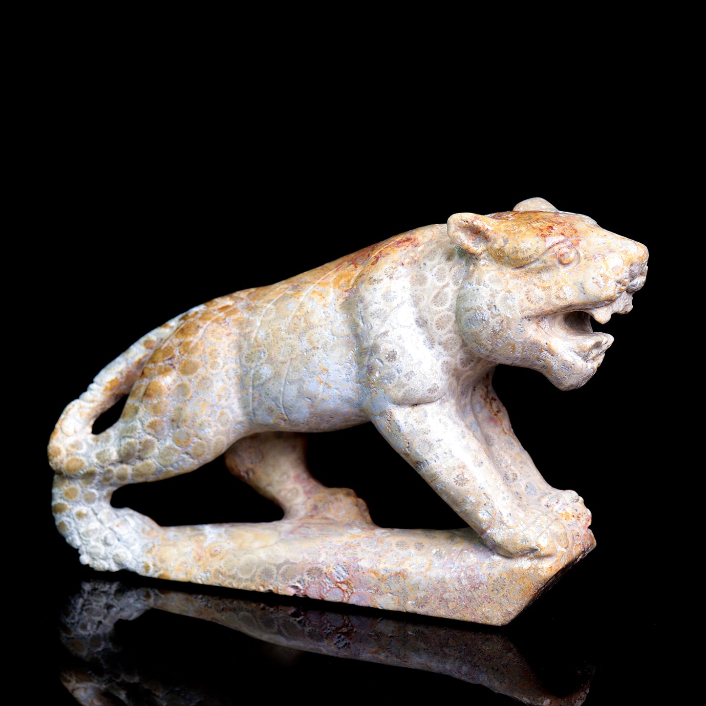 7" Coral Jade Carved Tiger Sculpture Realistic Crystal Healing Quartz Decor