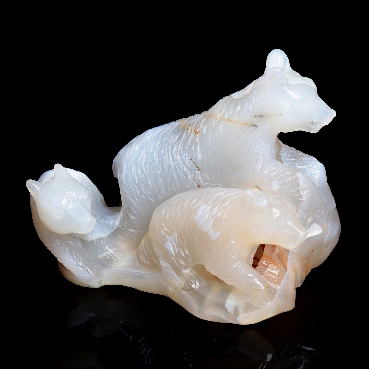 7" Madagascar Agate Carved Crystal Bear Family Sculpture Realistic Healing Quartz