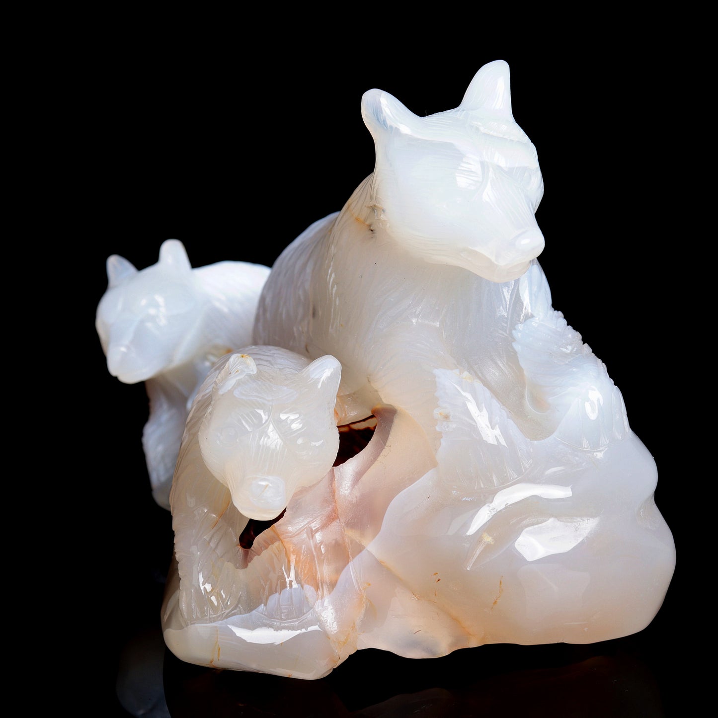 7" Madagascar Agate Carved Crystal Bear Family Sculpture Realistic Healing Quartz