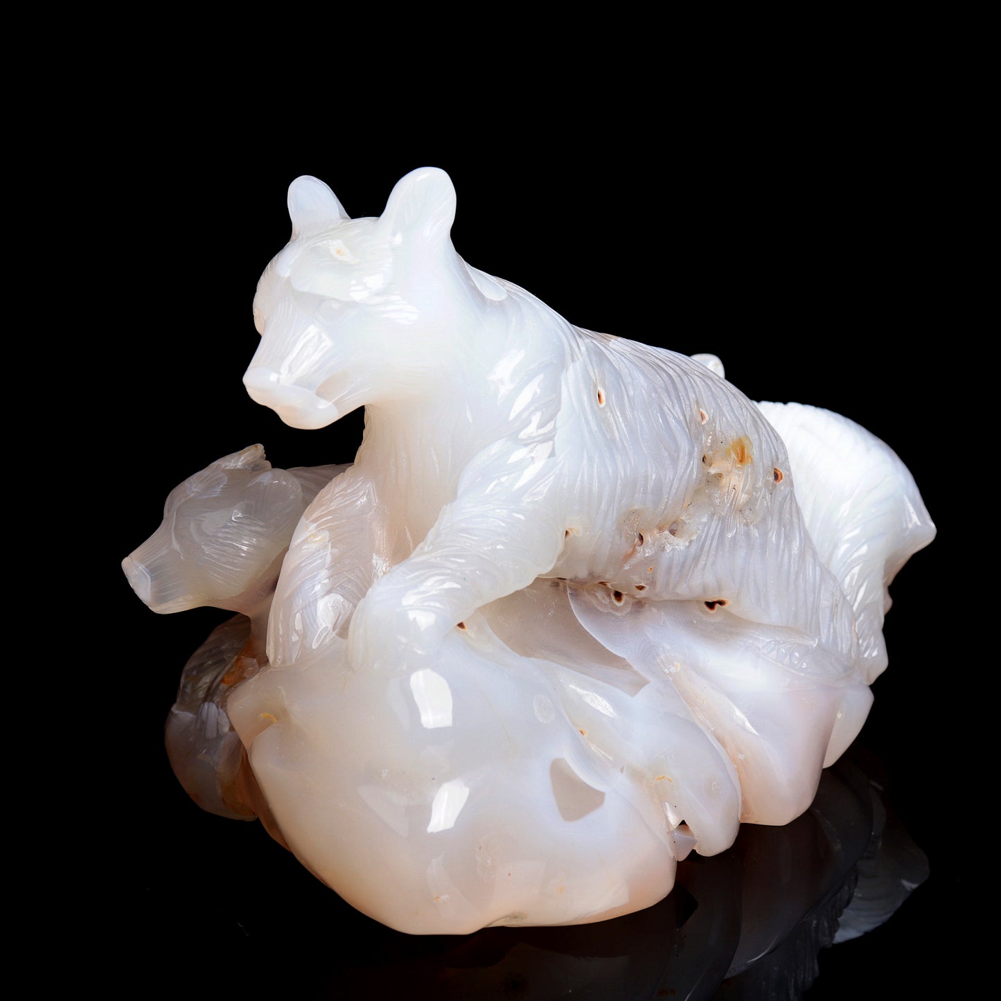 7" Madagascar Agate Carved Crystal Bear Family Sculpture Realistic Healing Quartz